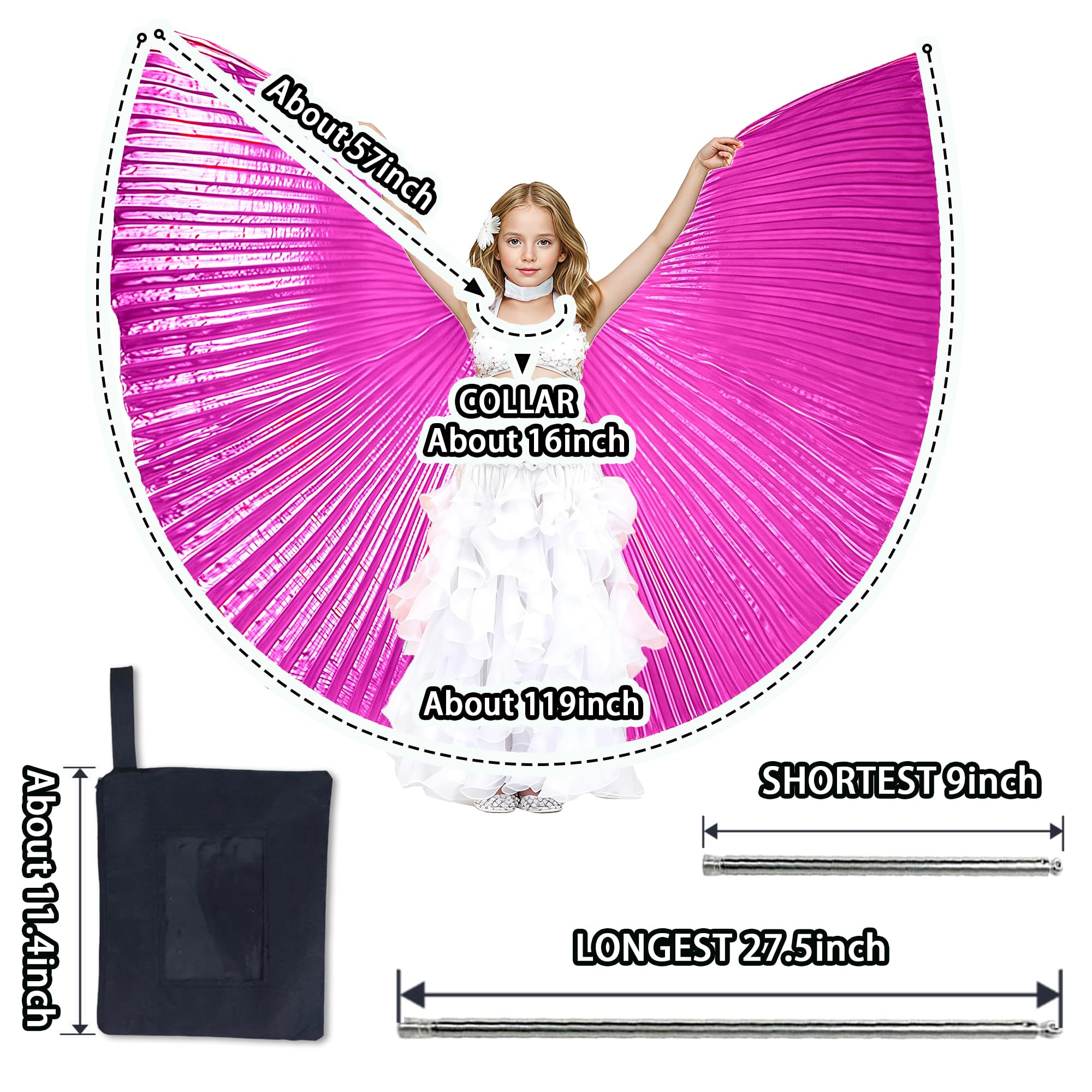 Baisdan Kids Isis Wings (Wings + Stick+ Carrying Bag) Belly Dance Performance Costumes for Girls Rose red - Image 3