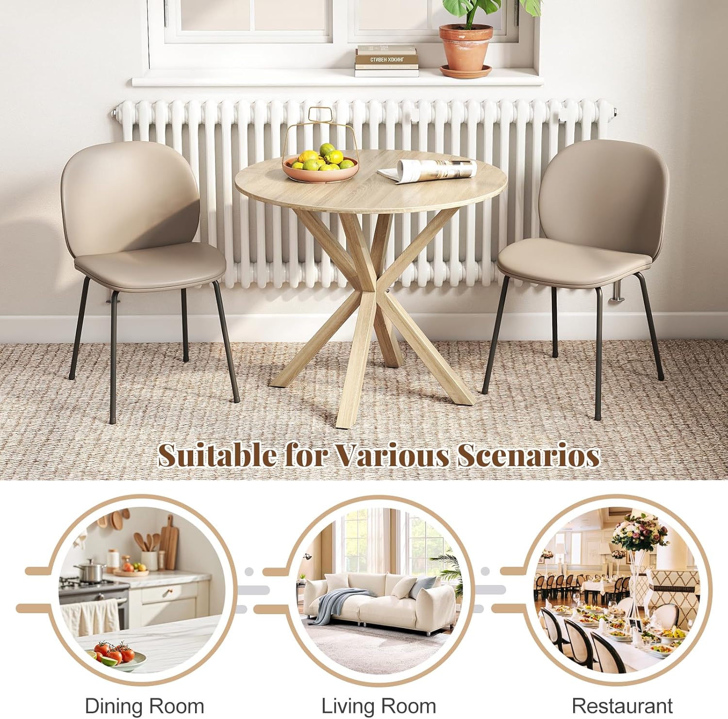 Giantex 36" Round Dining Table for 4, Farmhouse Kitchen Table with Rubber Wood Legs, Adjustable Foot Pads, Dining Room Tables for Dinette, Small Space, Dinner, Living Room, Restaurant, Oak