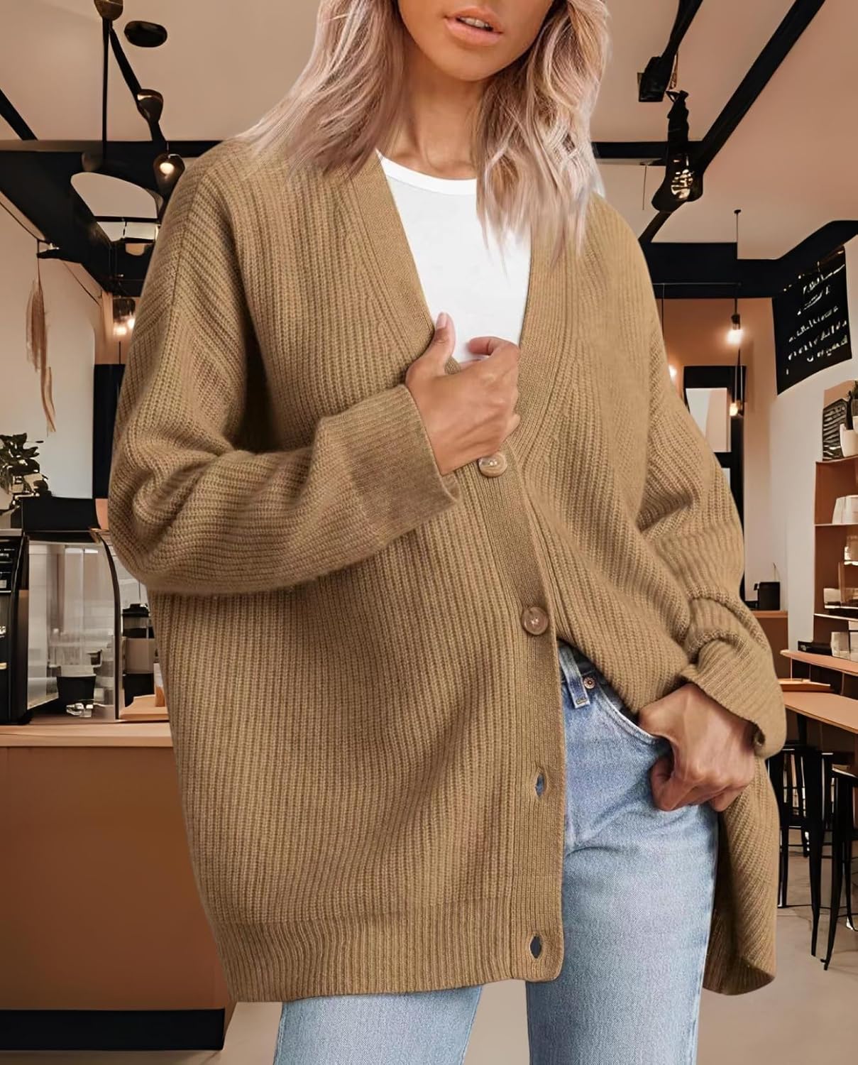 Women's Cardigan Casual Sweater Oversized Long Sleeve V-Neck Button Cardigan Top for Vacation and Daily Life - Image 6