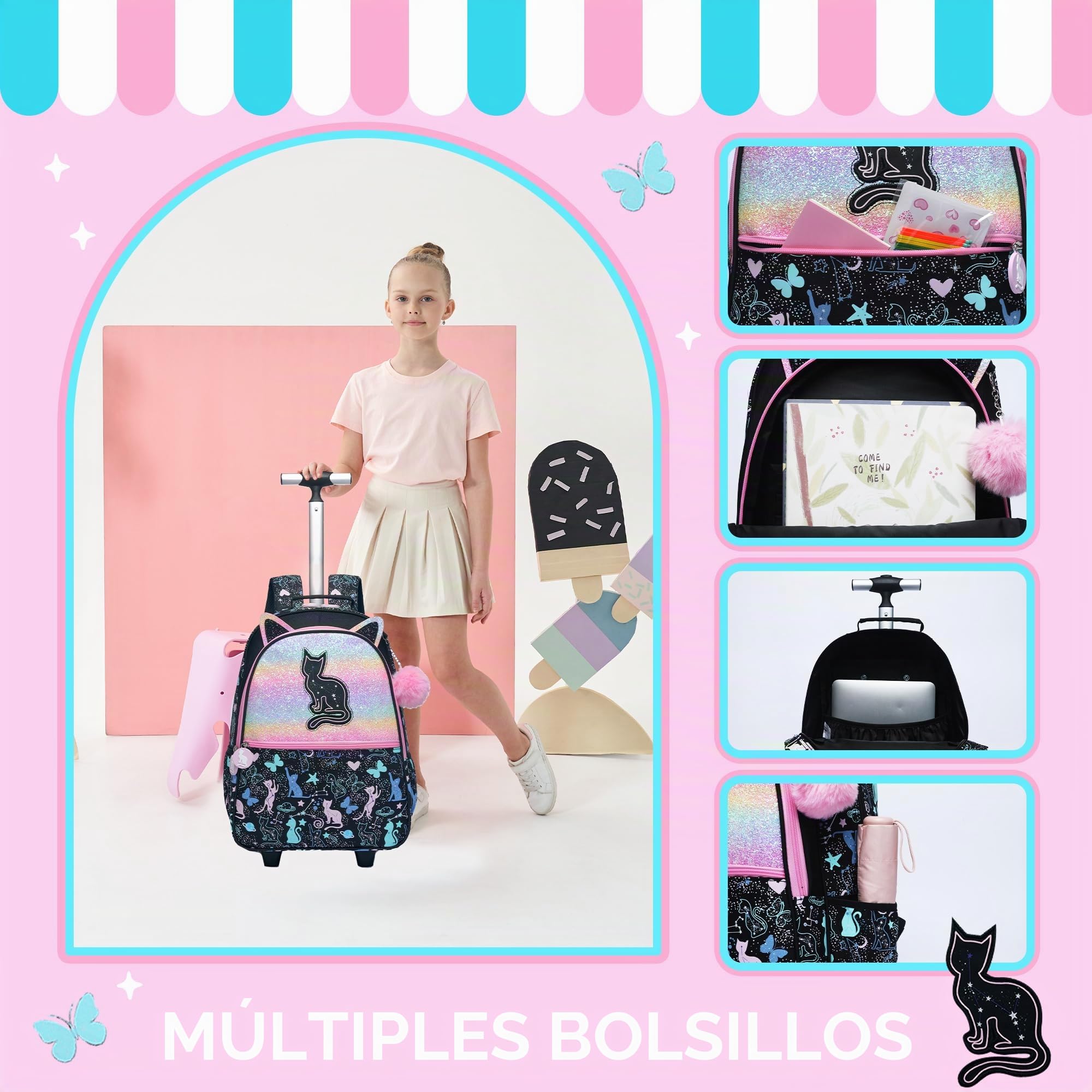 Meetbelify Linda mochila con ruedas para niñas de 8 a 10 años, con ruedas, para estudiantes de primaria, preescolar, equipaje de viaje 3 en 1, 01 Gato, Moderno