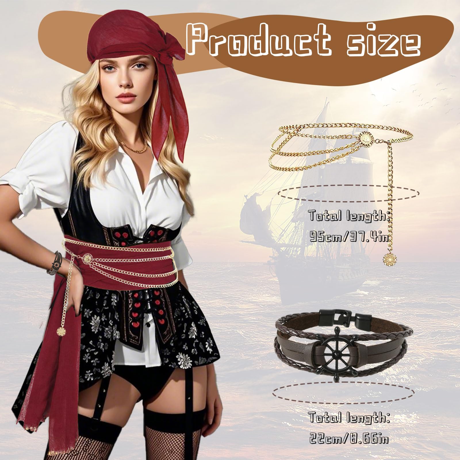TUONYIS 4 Pcs Pirate Costume Accessories Set, Medieval Women Pirate Fancy Dress Accessories, Bandana and Sash Belt, Bracelet - Image 2