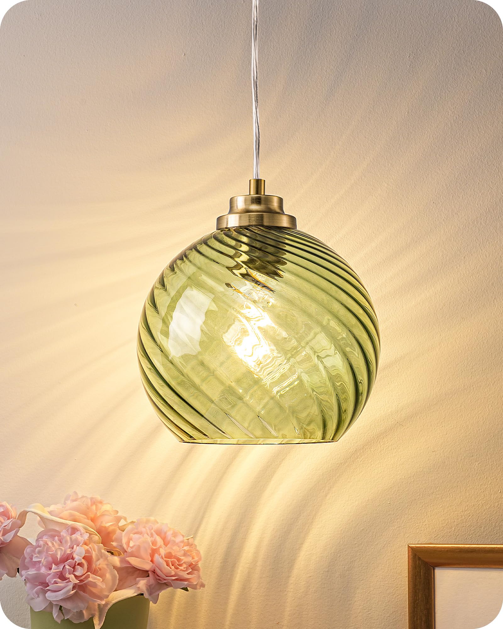EDISHINE Lámpara Colgante Cristal Ondulado, Verde Menta, Regulable 1,5 m