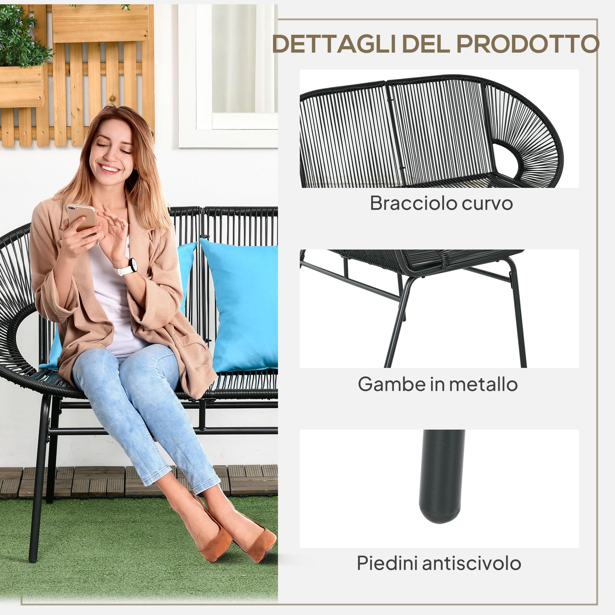Outsunny 2-Sitzer-Gartensofa aus PE-Rattan, Outdoor-Sofa mit Kissen, Armlehnen und Stahlrahmen, Outdoor-Bank, für Terrasse und Garten, 132 x 72 x 83 cm, schwarz