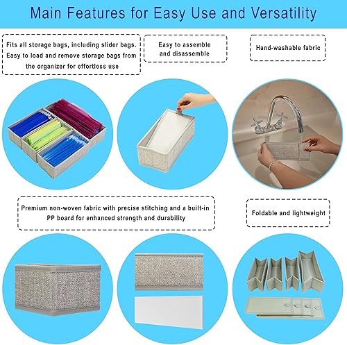 Miniatura 9 de Organizador de cajones, juego de 4 contenedores de tela rígida, se adapta a bolsas de almacenamiento de galones, cuarto de galón, sándwich y