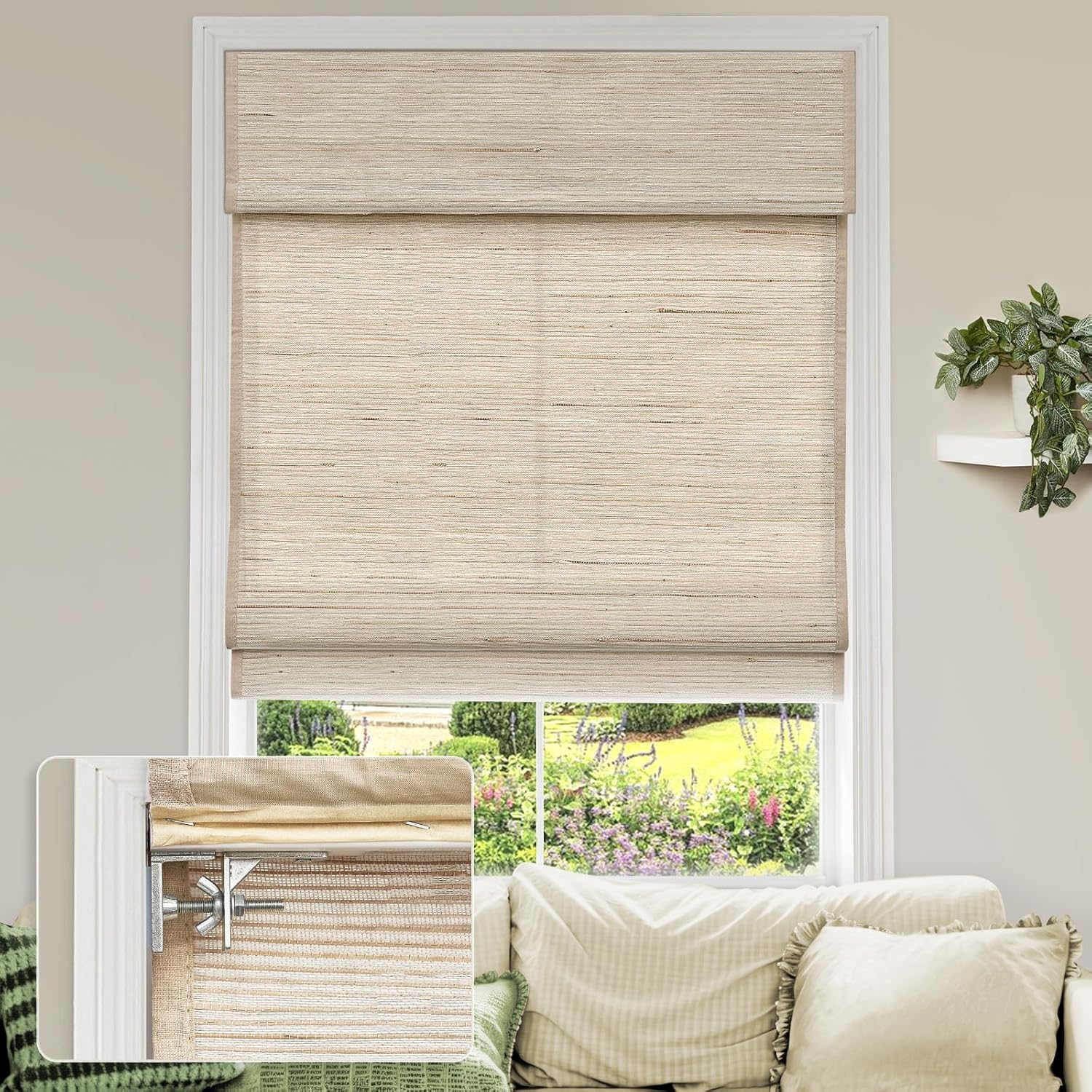 MiLin No Tools No Drill Cordless Roman Shades Privacy Linen Blackout Roman Window Natural Linen Fabric Blinds for Windows Treatment Bedroom Kitchen Living Room - Sugar Land Custom Size
