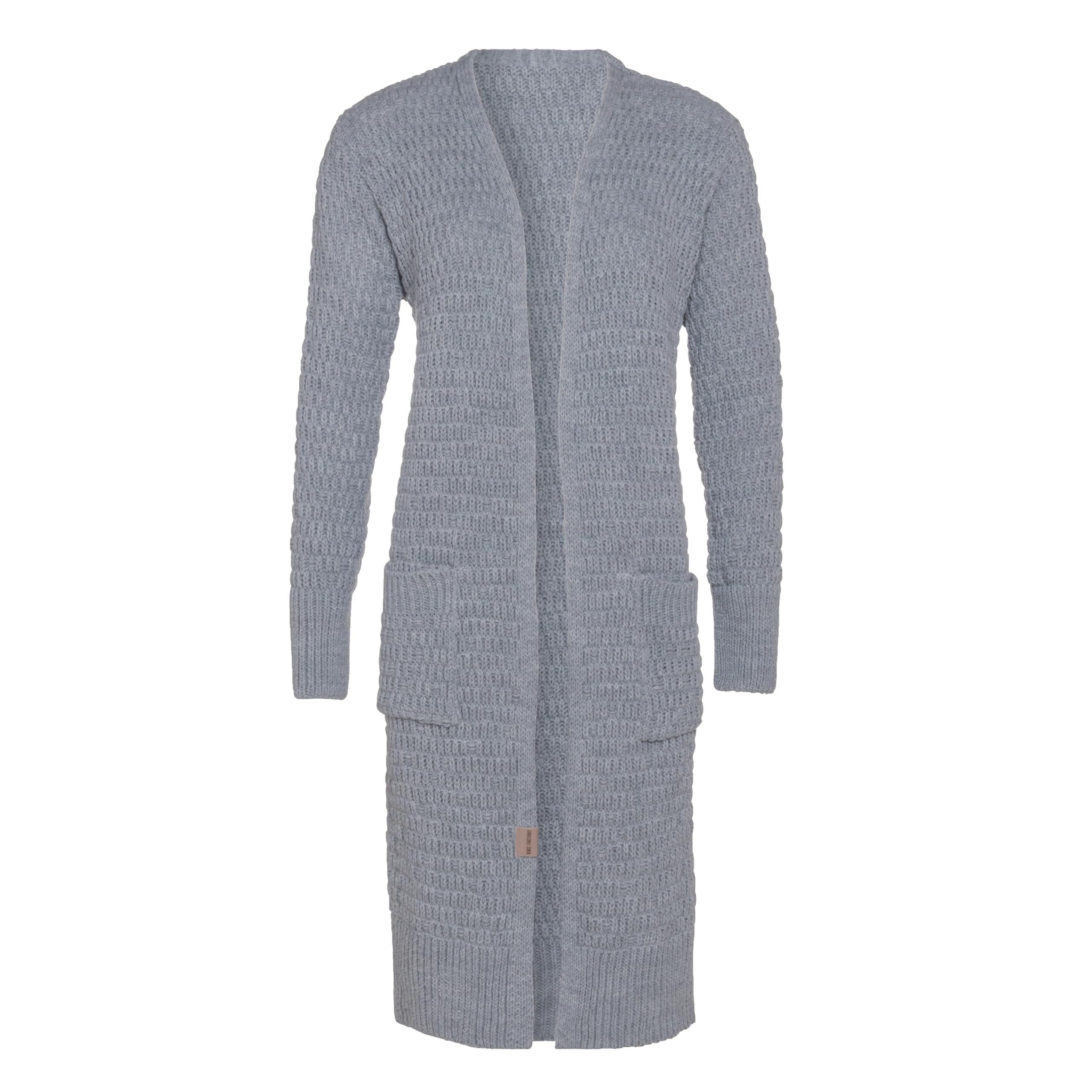 KNIT FACTORY - Jaida Lange Strickjacke - Damen Strickjacke mit Taschen - Cardigan mit Wolle - Hochwertige Qualität - Grobstrickjacke für Damen - Grau - 36/38