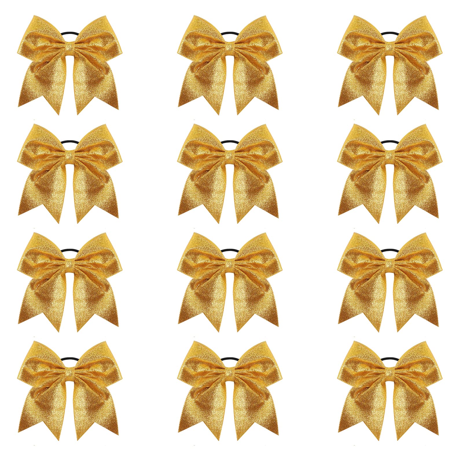 Oaoleer 12PCS 7" Large Glitter Cheer Hair Bows Ponytail Holder Elastic Band Handmade for Cheerleading Teen Girls College Sports (Glitter Gold 12PCS)