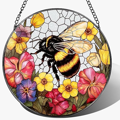 Colgante de Vidrio Emplomado para Ventana, Ornamento de Vidrio Emplomado de Abeja de 8 Pulgadas, Atrapasoles para Colgar en Ventanas, Decoración de