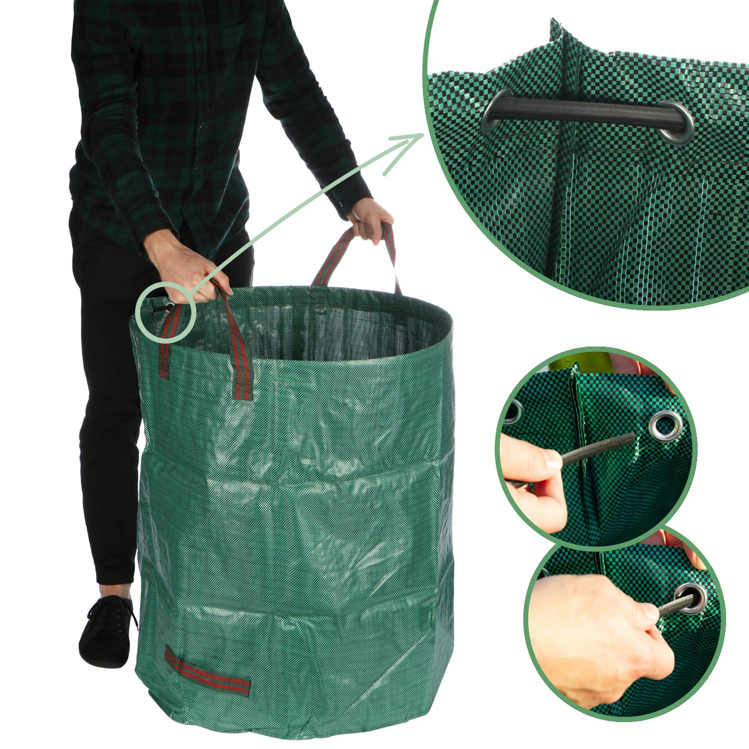 3 x 272L - Borsa da giardino, in PP resistente, autoportante e pieghevole, per rifiuti da giardino, fogliame di prato, colore: verde