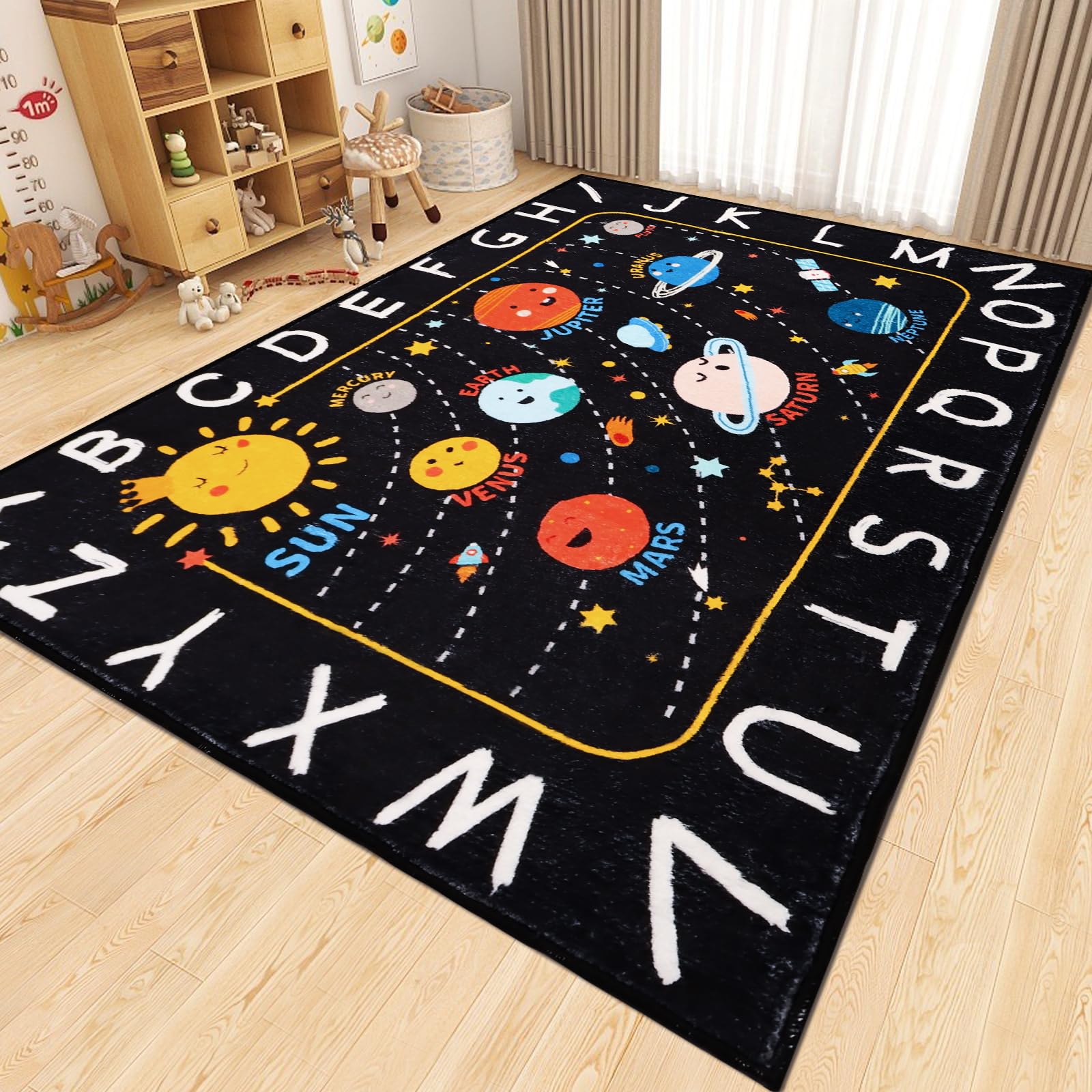 Outer Space Kids Rug,110.2"X78.7" ABC Alphabet Educational Kids Rugs for Playroom,Non Slip Solar System Galaxy Planets Playroom Rug,Washable Kid Area