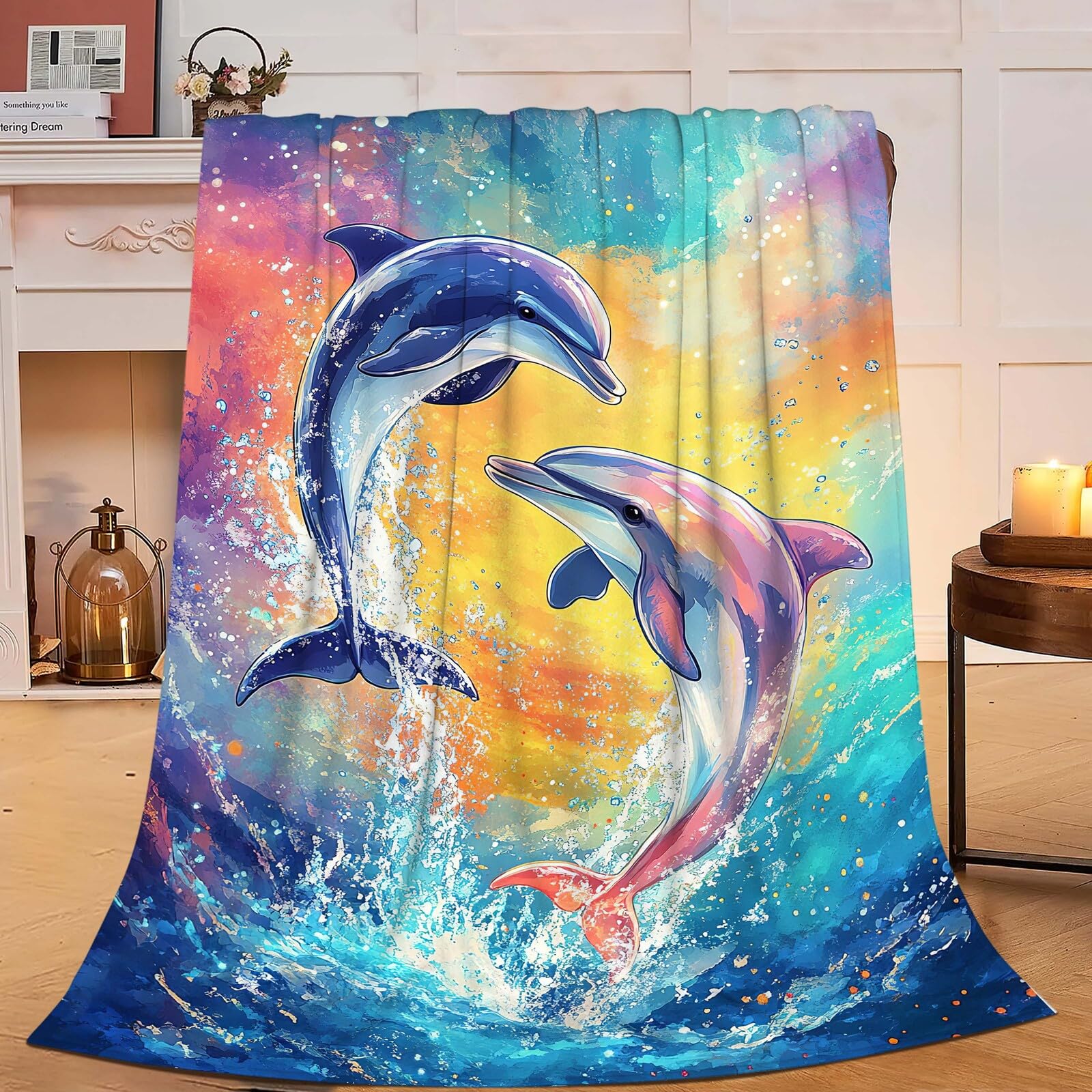 Dolphin Throw Blanket Dolphin Gifts for Kids Girls Boys Adults Women Men Soft Cozy Warm Plush Fluffy Fuzzy Fleece Blanket Decor 40''X50''
