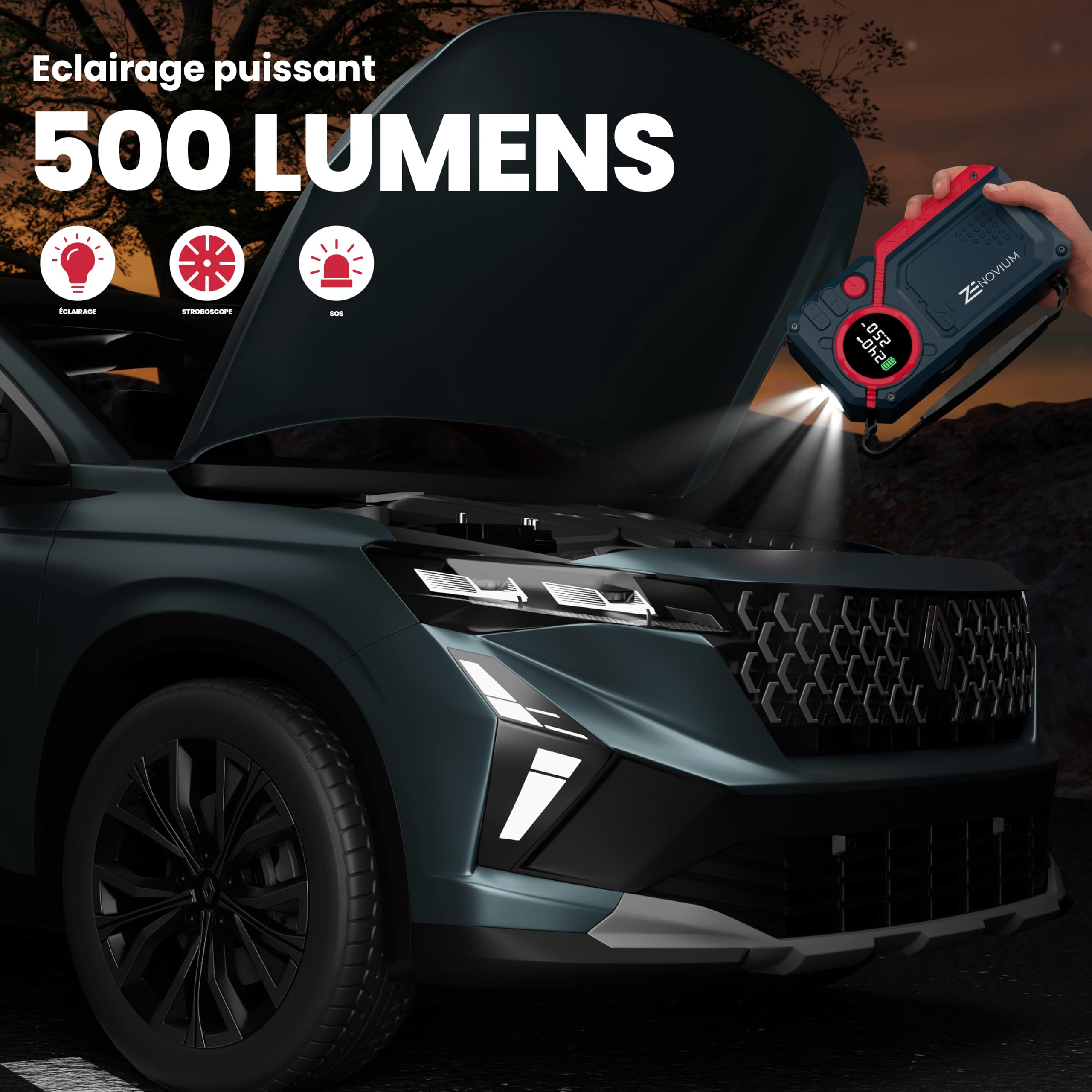 Arrancador de Coches 2500A con Compresor 150 PSI, Booster de Batería 12V, Jump Starter para Gasolina y Diésel hasta 8L, Power Bank 18000mAh, Luz LED 500 Lúmenes, Carga Rápida USB, Portátil