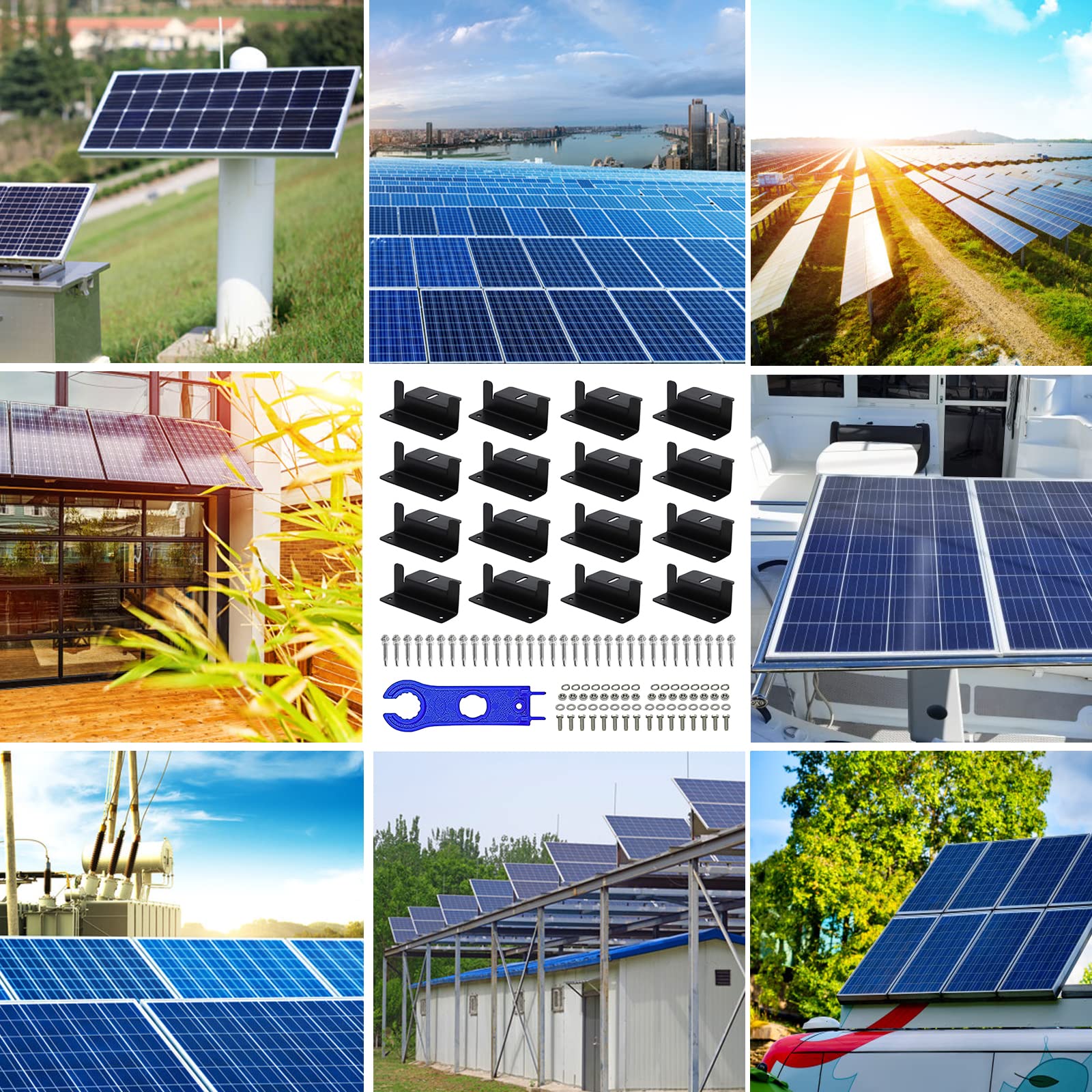 16 Pieza Soporte para Panel Solar, Panel Solar con Tuercas Tornillos y Herramientas de Instalación Soportes de Montaje Solares para Autocaravanas Barcos Montaje en Techo (Negro)