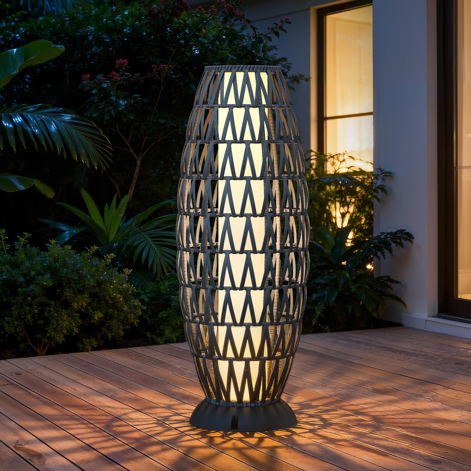 Solar Yard Outdoor Solar Lamp Woven Wicker Boho Lantern Floor Lamp, Decoration for Garden, Deck, Yard, Pathway, Oslo Silver Black