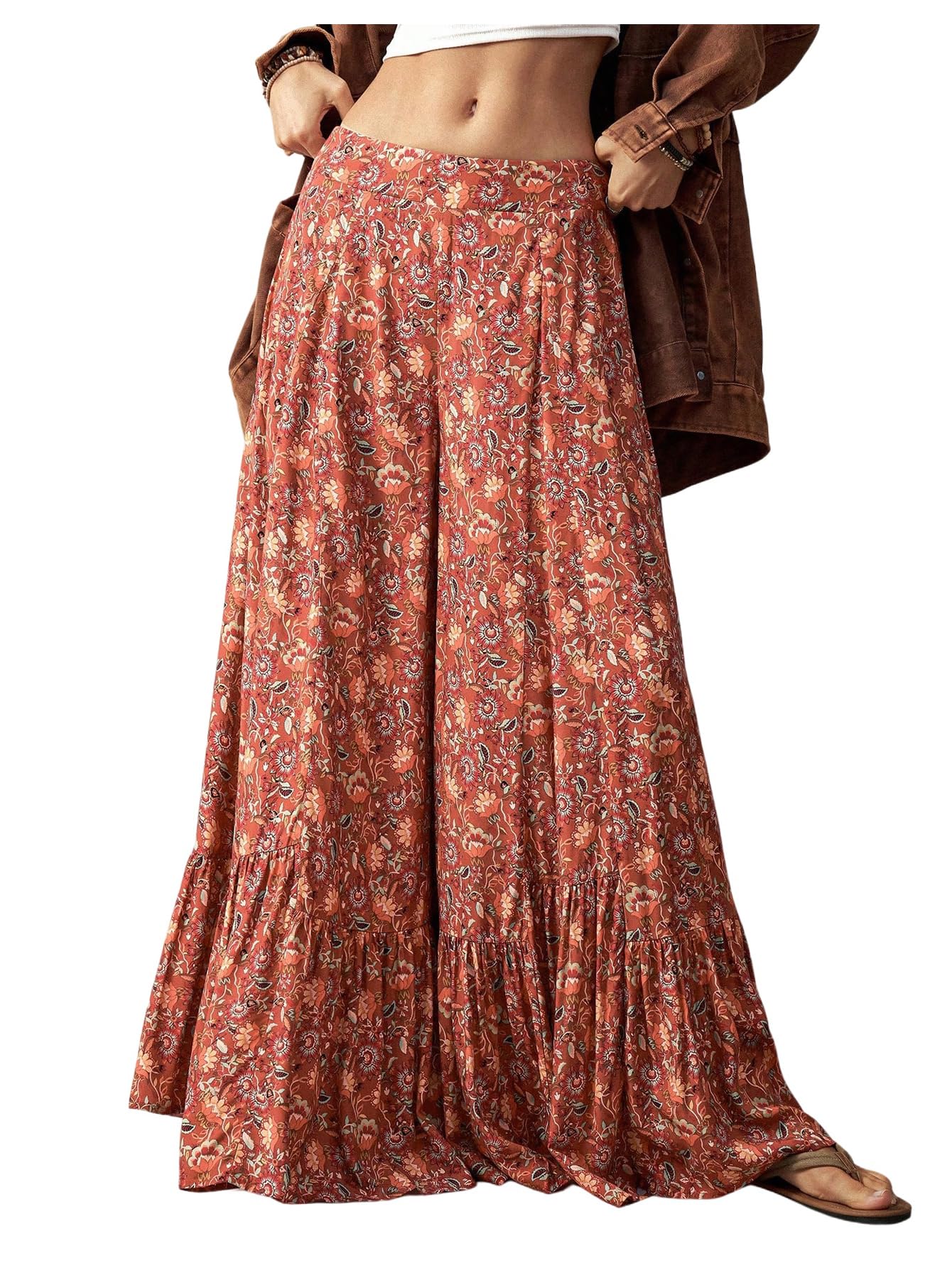 Womens Boho Floral Palazzo Pants Elastic Waist Wide Leg Ruffle Hem Flowy Trousers Vintage Cowgirl Pants