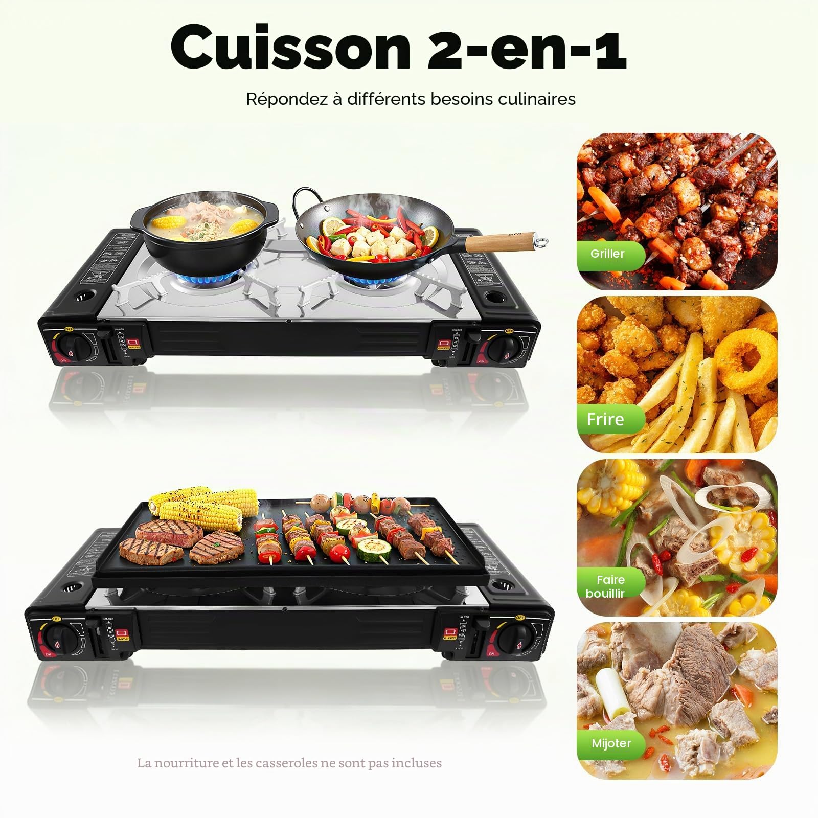 Réchaud à gaz 2 brûleurs, 2 en 1, 2500 W, barbecue à gaz de camping avec une poêle spacieuse et deux boutons de commande (Réchaud de camping avec moule à gâteau et compartiment pour cartouches de gaz)