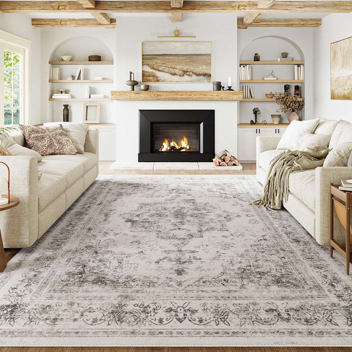 Vintage Area Rug 9x12 Indoor Living Room Gray Washable Medallion Large Carpet Traditional Retro Accent Throw Rug Grey Low Pile Non Slip Distressed for Kitchen Office Dining Room Bedroom 9'x12' Distressed | Dark Grey