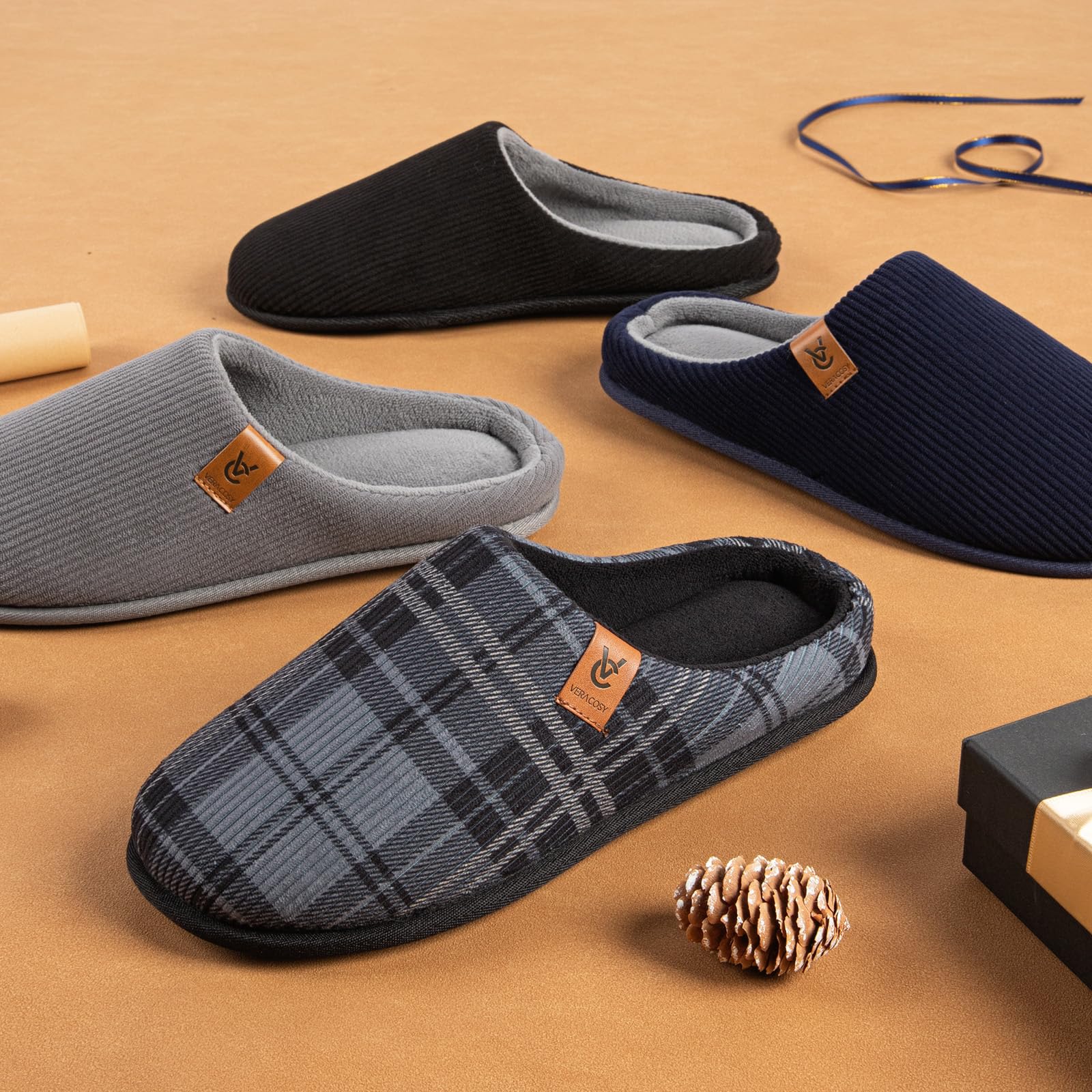 VeraCosy Pantoufles pour hommes confortables à enfiler en velours côtelé avec mousse à mémoire de forme, chaussons d'intérieur