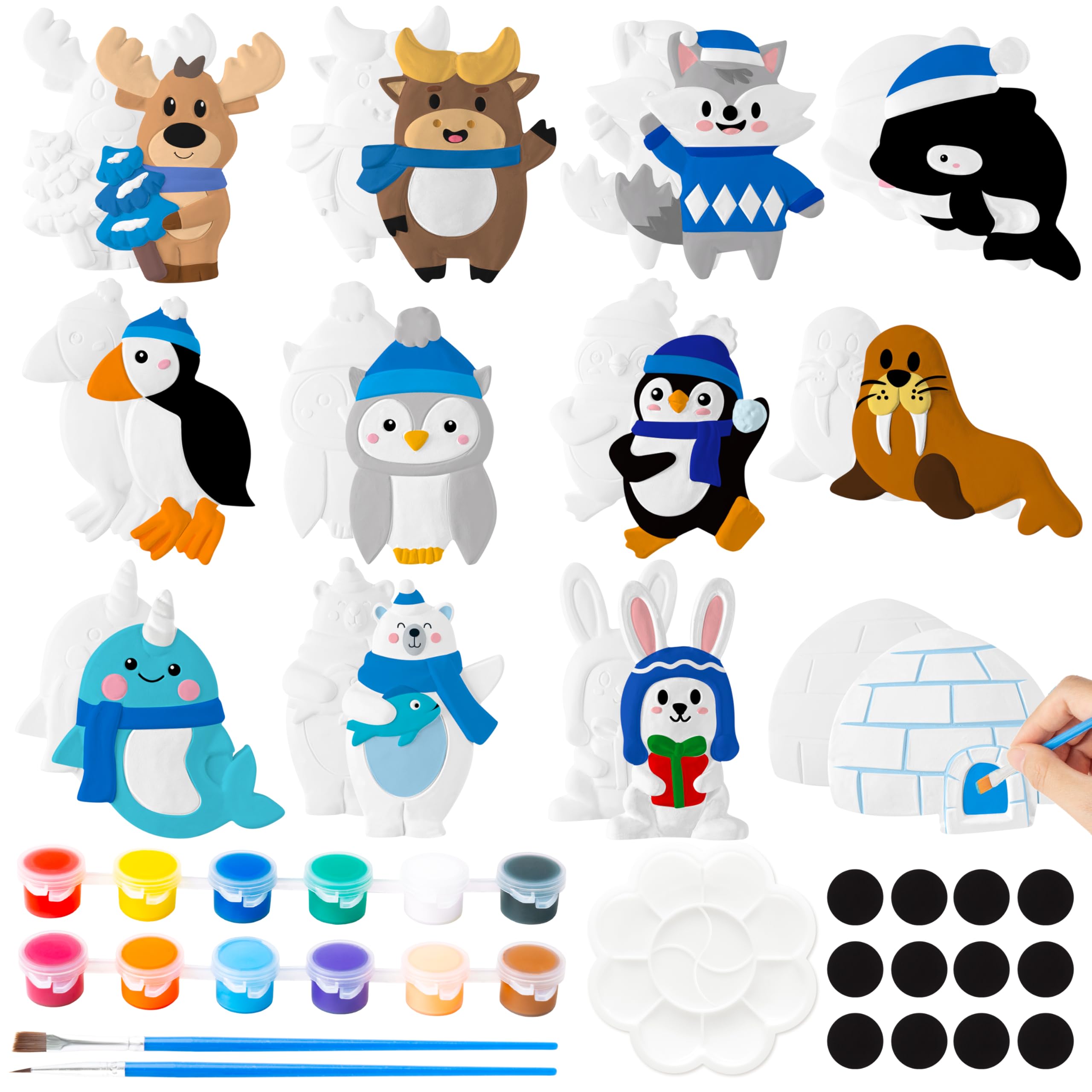 EZdhuawuse Winter Animals Plaster Painting Kit - 29Pcs Ceramics to Paint Polar Animals Fridge Magnets, Paint Your Own Cartoon Arctic Plaster Statue DIY Unpainted Ceramic Figurines Refrigerator Magnets