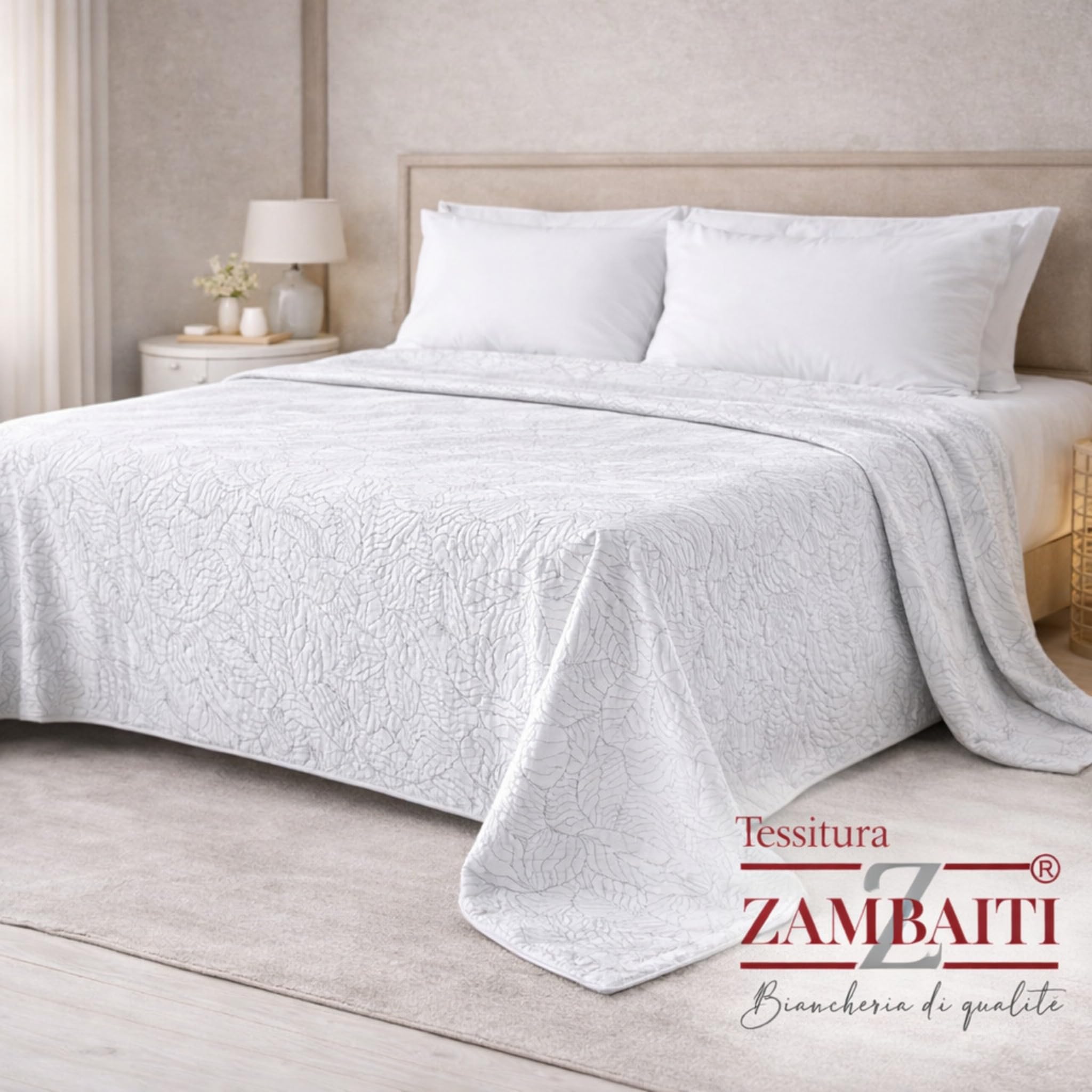 Zambaiti Copriletto Matrimoniale 260x270 cm Frond Matelassè Jacquard Made in Italy – Copriletto Estivo Leggero Non Trapuntato – Tessuto in Rilievo Cotone Poliestere (Grigio)