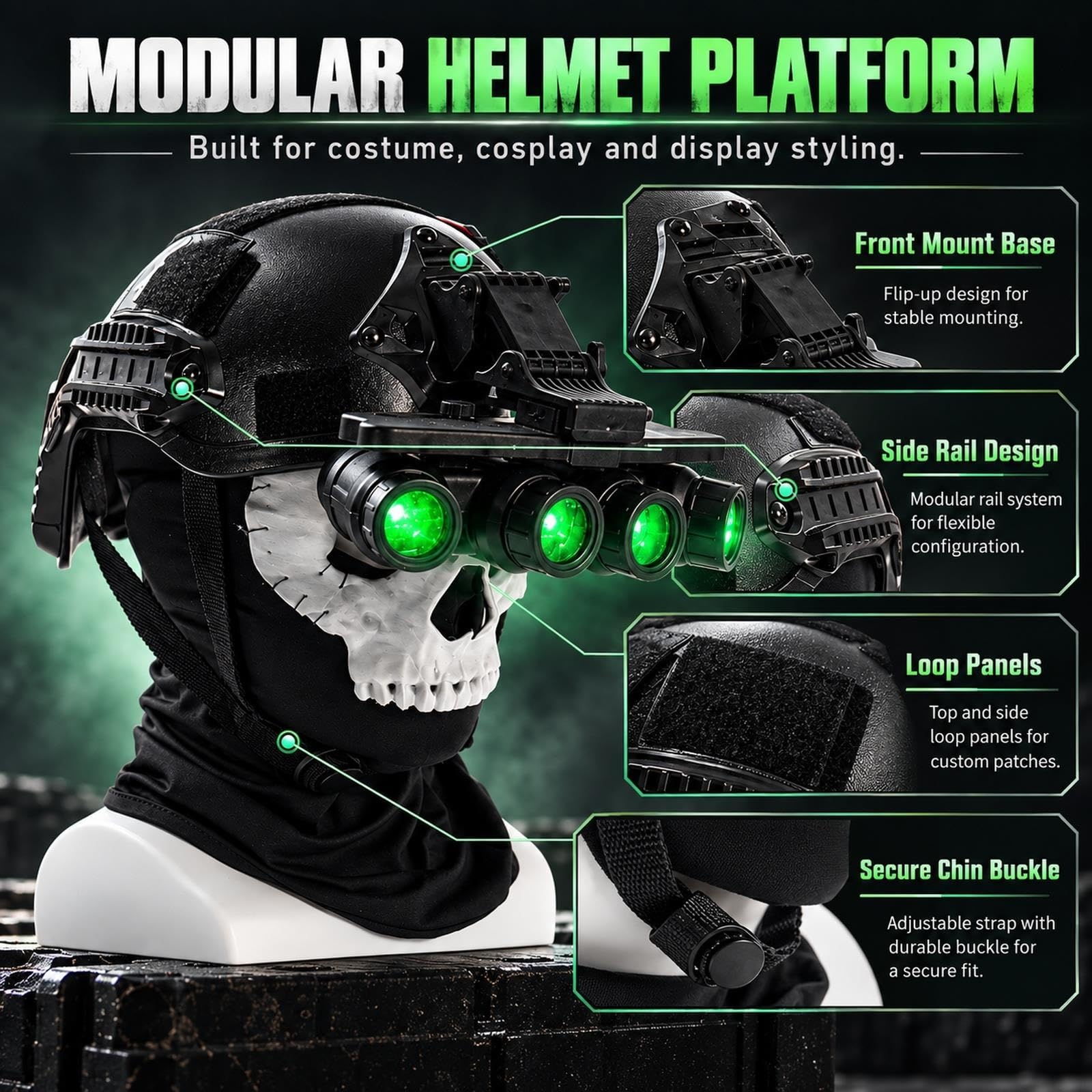 Casco Cosplay Bambini con Maschera Teschio e Modello Quad-Tube Verde