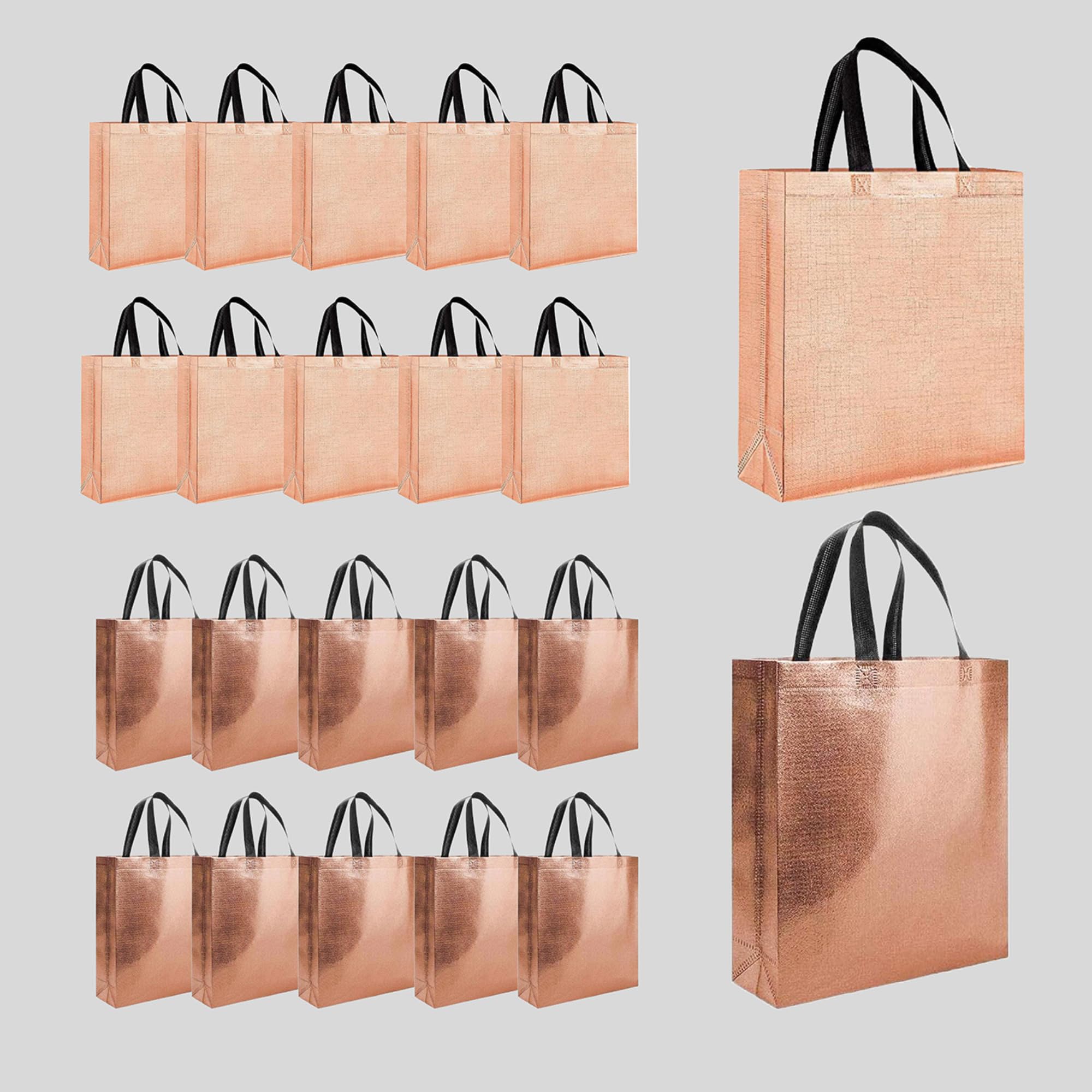 Evafly Gift Bag Medium Size Pack of 20 : L13 x W12 x D4 inch|Resuable Non-Woven Shiny Metallic Laminated|Return Gift For Haldi/Wedding Favours/Baby Shower/Birthday|2 colors|Rosegold + Copper