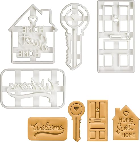 Juego de 4 cortadores de galletas para inauguración de la casa (Home Sweet Home, puerta de casa, llave de casa y tapete de bienvenida), 4 piezas -