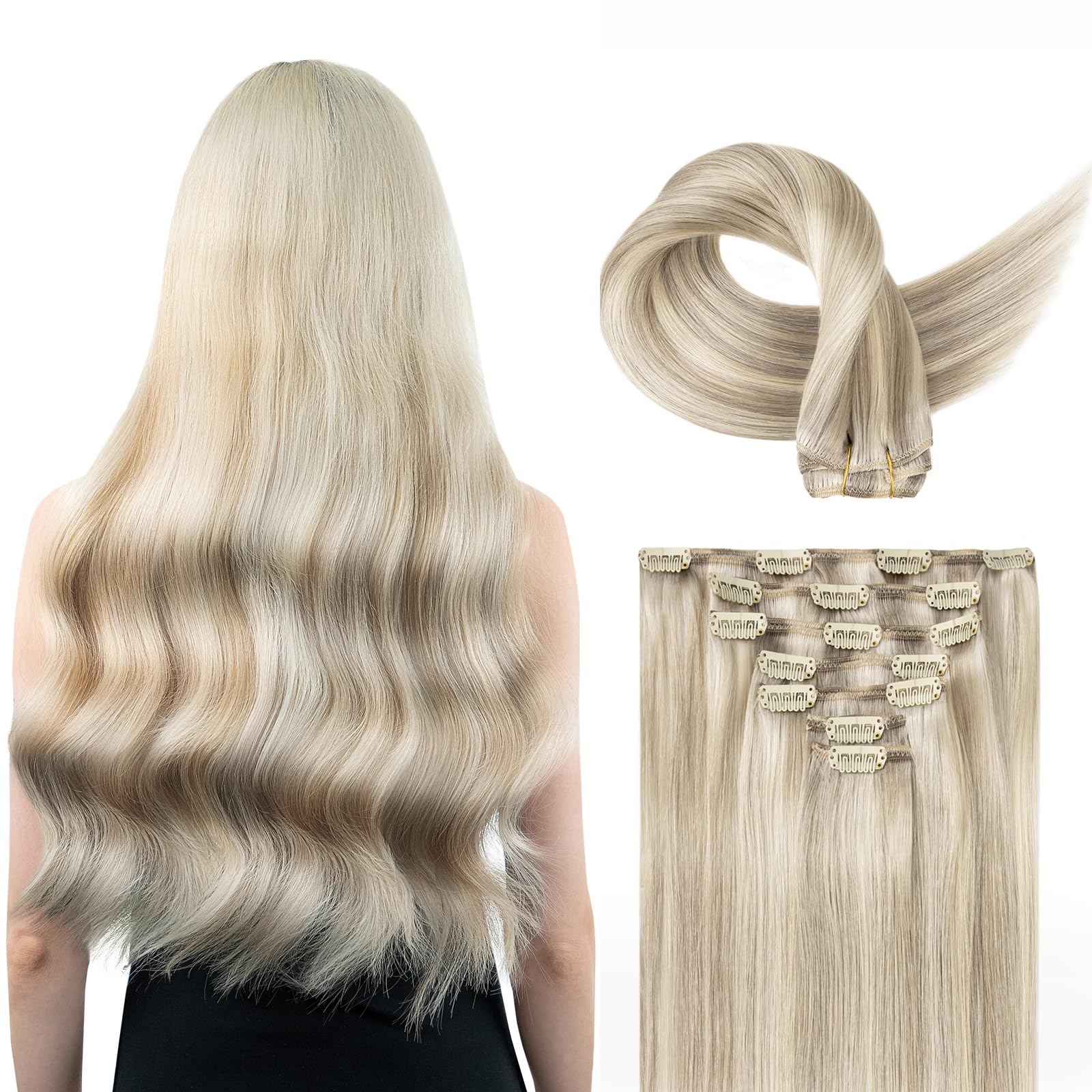 SoBeauty Clip in Hair Extensions Real Human Hair, Remy Hair Extensions Clip In Human Hair Thick and Silky, Ash Blonde Highlighted Platinum Blonde #