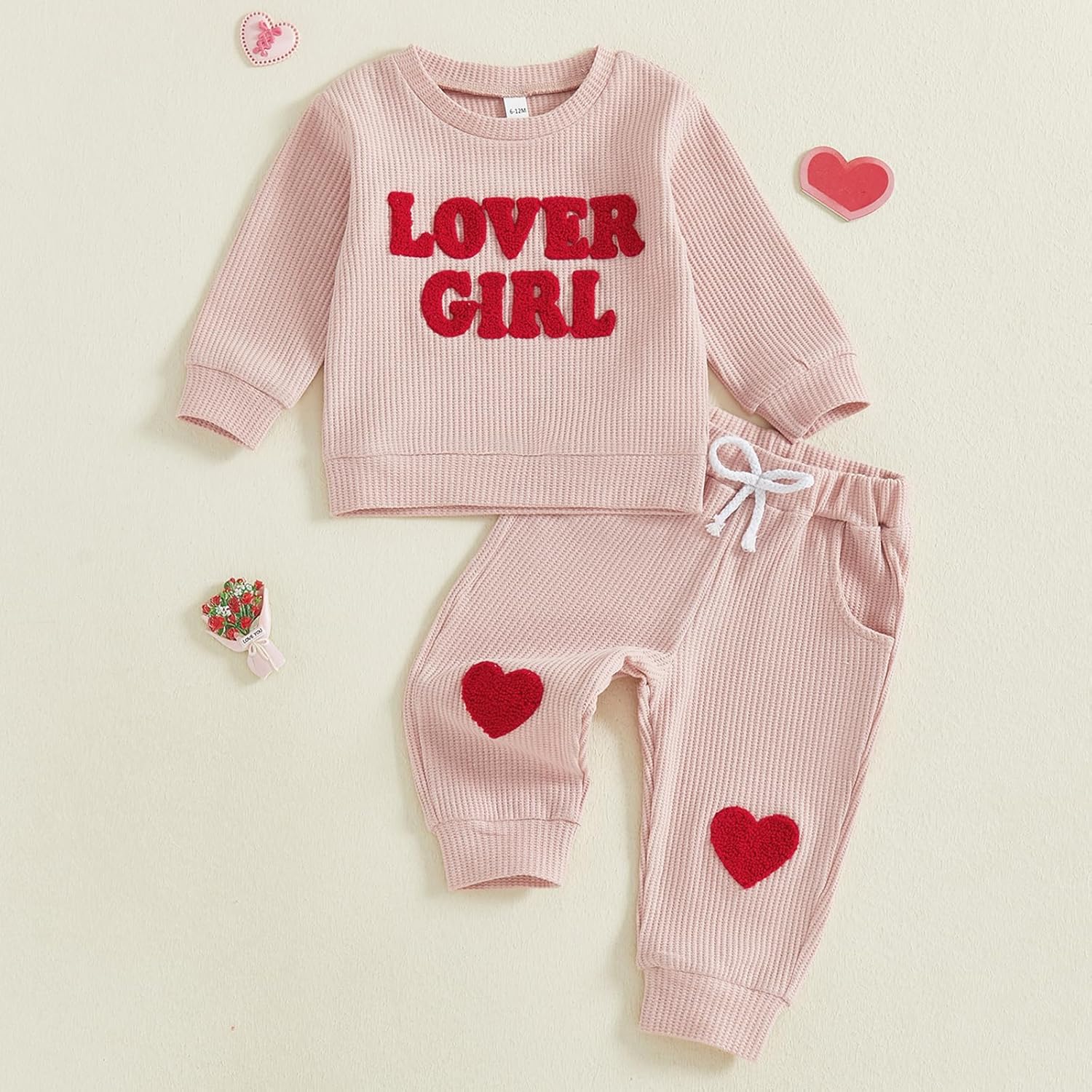 Karuedoo Toddler Baby Girl Valentines Day Outfits Lover Girl Embroidery Long Sleeve Waffle Knit Sweatshirt and Pants Set - Image 4
