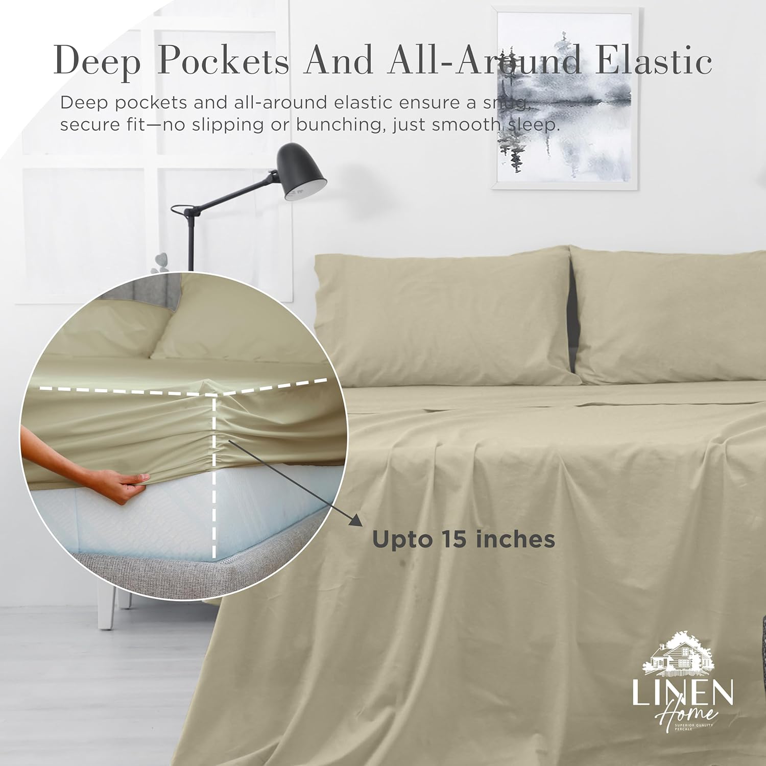 Linen Home Washed Cotton Percale Fitted Sheet King Size, Silver, 1 Deep Pocket Fitted Sheet, Soft and Cool Strong Bed Linen, 78"X80"+14"