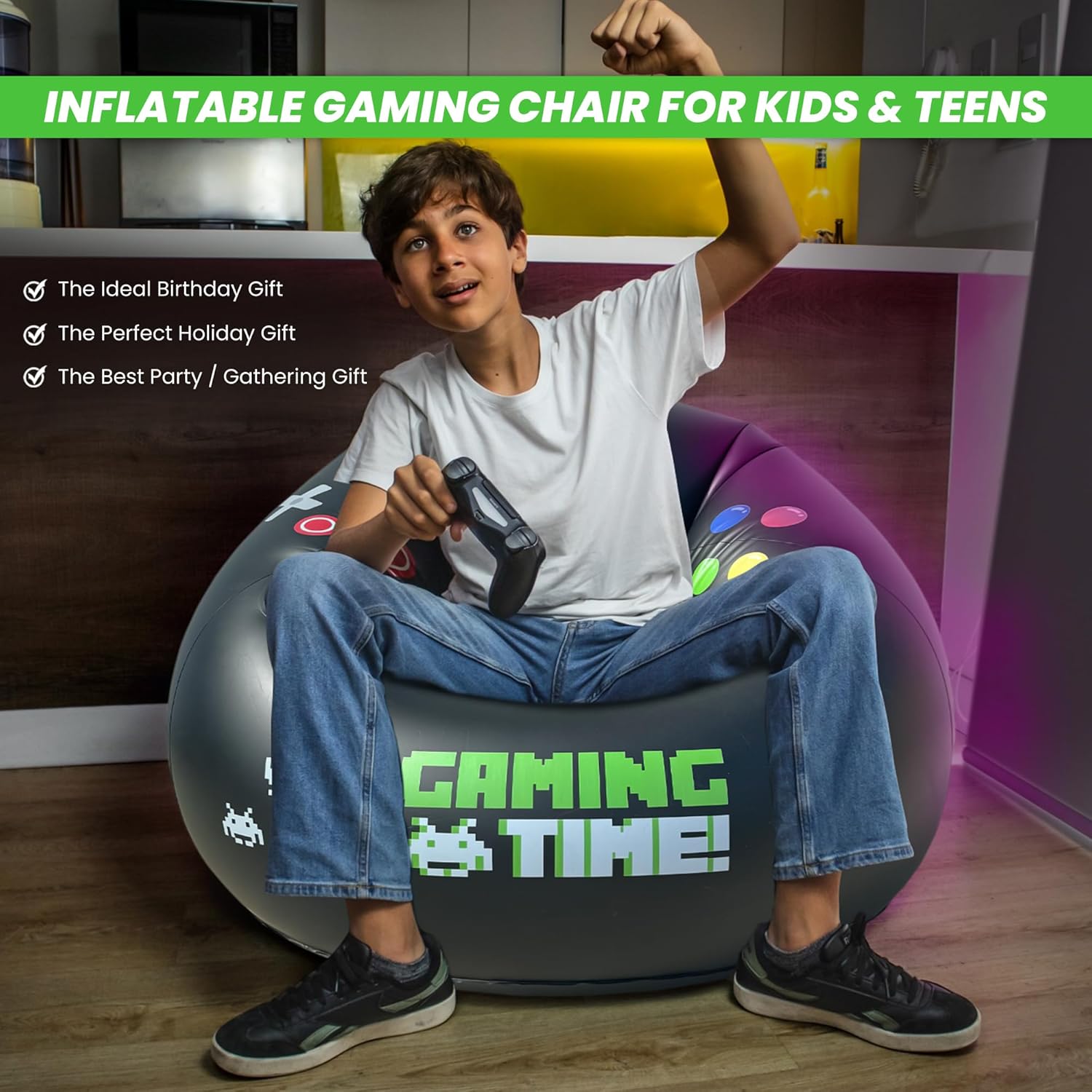 Inflatable Gaming Chair for Kids & Teens with Cup Holders and Side Pocket - This Air Gaming Bean Bag Chairs for kids is The Perfect Furniture for Gamer Room Decor - Perfect Gaming Stuff for boys 4-12