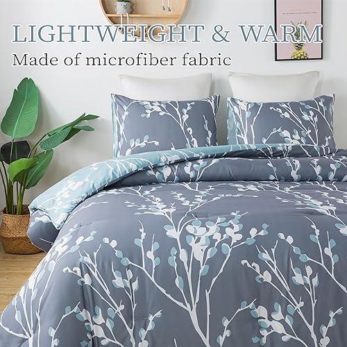 Miniatura 5 de Andency Juego de edredón verde tamaño matrimonial (79 x 90 pulgadas)  Juego de cama reversible de 3 piezas de microfibra suave y ligera con ramas de