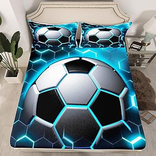 Erosebridal Soccer Bed Sheets Boys Football Fitted Sheet Twin,Blue Glowing Honeycomb Bedding Set Modern Neon Light Bed Cover,Geometric Buffalo Check Sheet for Kids Teens 2 Piece Soft