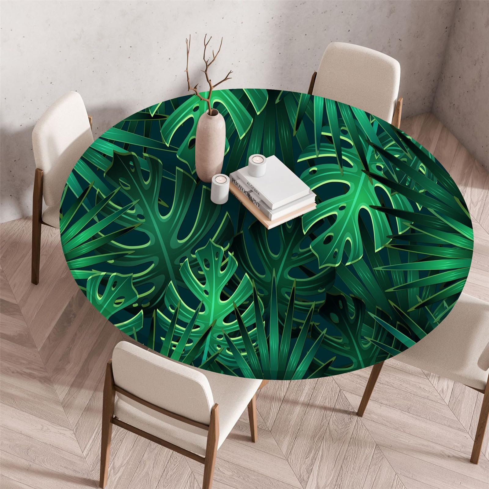 Odot Elastic Edged Round Fitted Tablecloth Protector Green Plants Print Wipeable Circle Tablecloth Indoor Outdoor Table Cover Wipe Clean for Kitchen Picnic Dining Room Tabletop (100cm,Tropical)