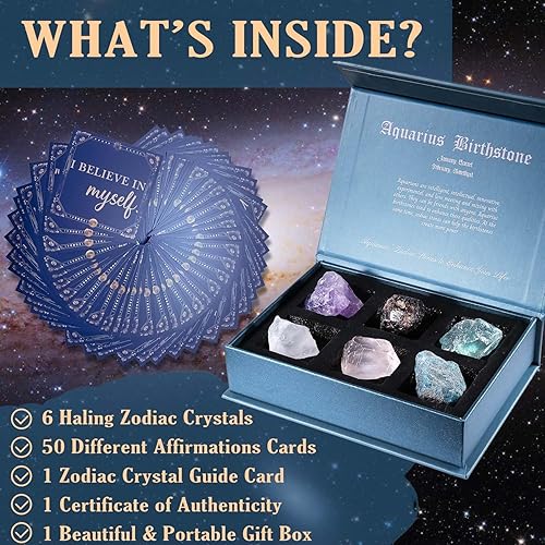 Miniatura 5 de Faivykyd Regalo de cristales de acuario para mujer, 6 piedras del zodiaco de acuario con 50 tarjetas de afirmación de mantras milagrosos, regalos de