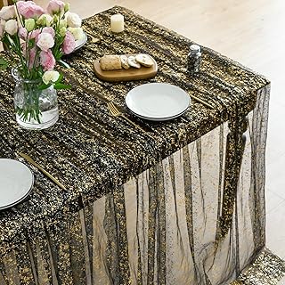 Horaldaily Black Gold Gauze Tablecloth 60x84 Inch Rectangular, Golden Sequin Glitter Metallic Foil, Sheer Tulle Cheesecloth for Wedding Baby Shower Ceremony Birthday