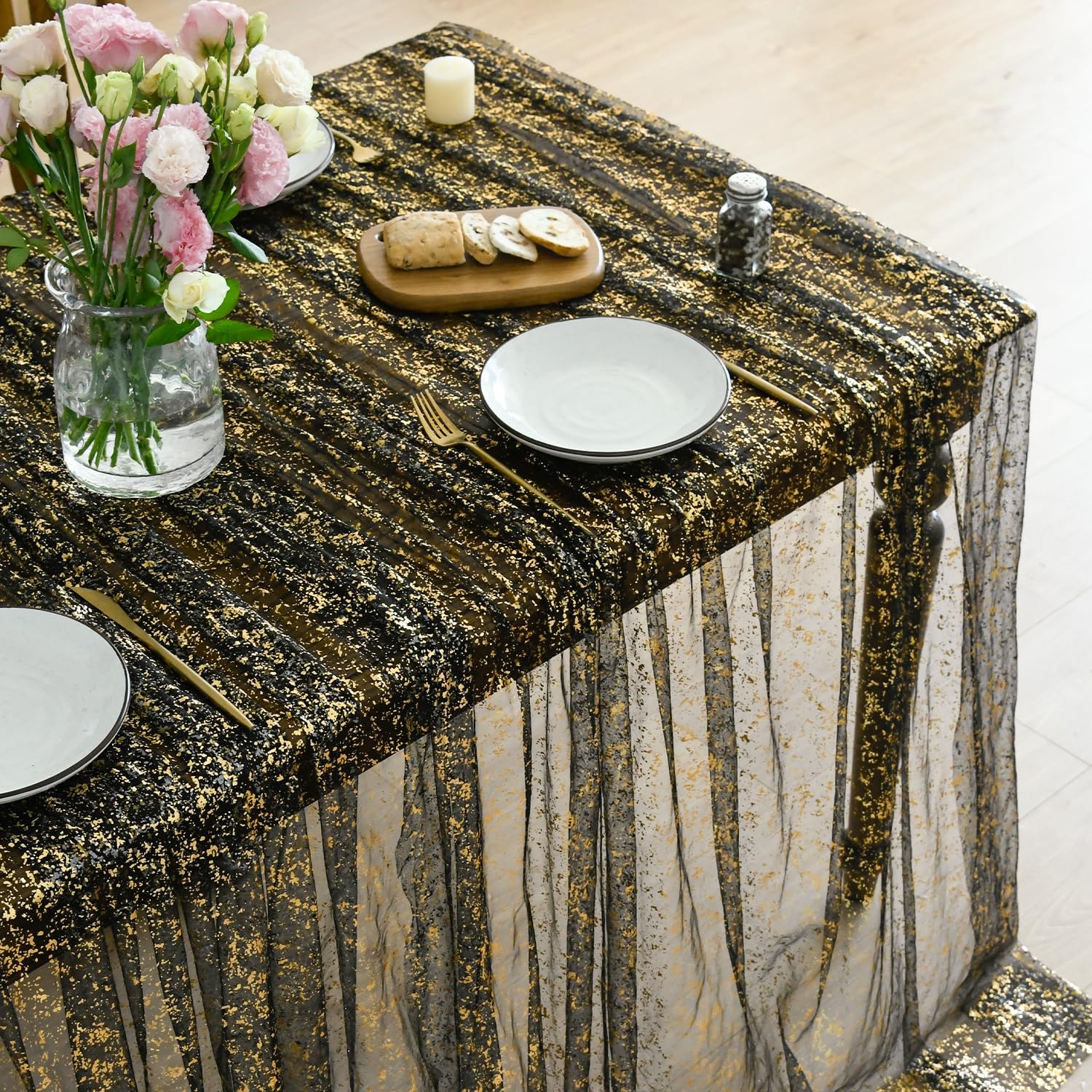 Horaldaily Black Gold Gauze Tablecloth 60x60 Inch Square | Golden Sequin, Sheer Tulle Cheesecloth, Wedding Baby Shower Ceremony Birthday Decor-image-48