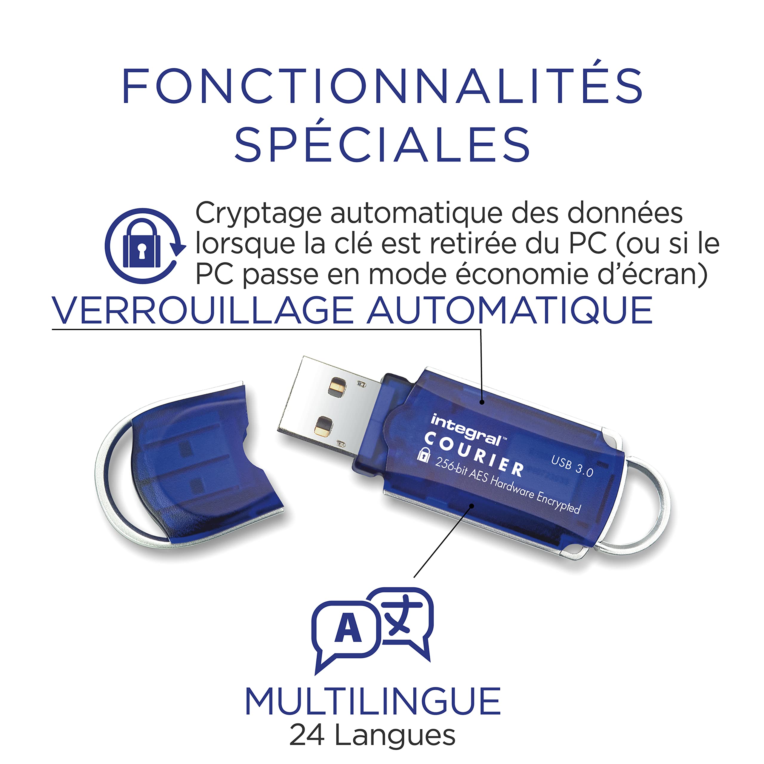 Clé Usb Cryptée Clés USB Cryptées Integral Crypto-197 8Go - Lot De 3 - Cryptage 256 Bits FIPS 197 Clé Usb Sécurisée
