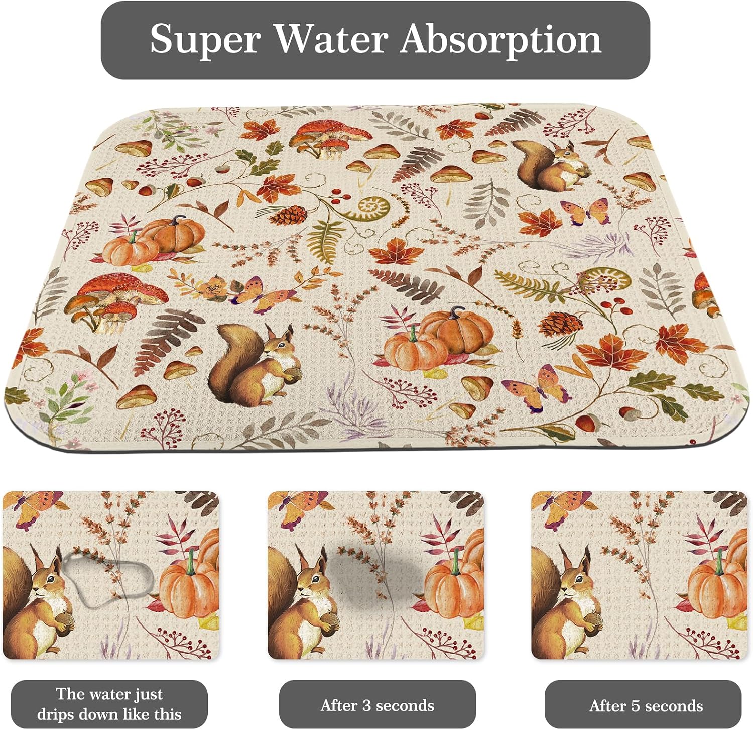 Quick Absorbent Kitchen Drying Mat - Stylish Patterns Fall Dish Drying Mat- 16×18 Inch & 18×24 Inch Pumpkin Kitchen Drainer Mat for Countertops, Dishes & Glassware