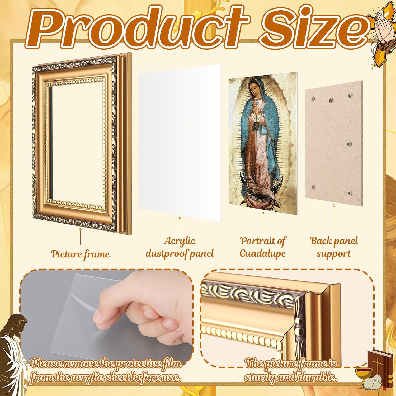 Leinuosen 6 Set Baptism Favors Our Lady of Guadalupe Frame with Easel Back Prayer Card Organza Bags Catholic Religious Gift for Guests Girls First Communion Favors Home Table Decor Church