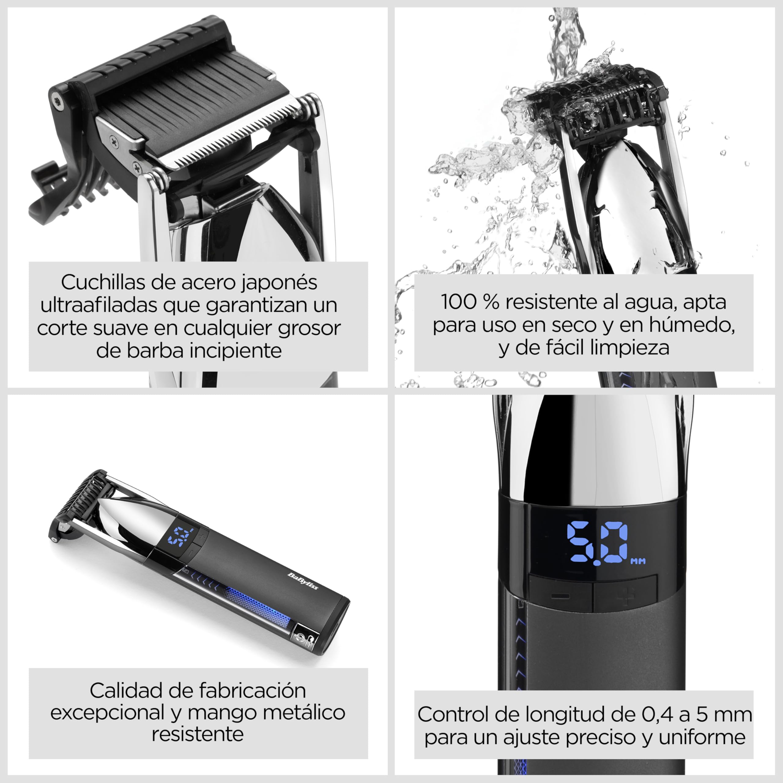 BaByliss Super‑X Cortabarbas Stubble – Cortabarbas impermeable con cuchillas de acero japonés, control motorizado (0,4–5 mm), pantalla digital, batería de litio, 90 minutos de autonomía, S996E