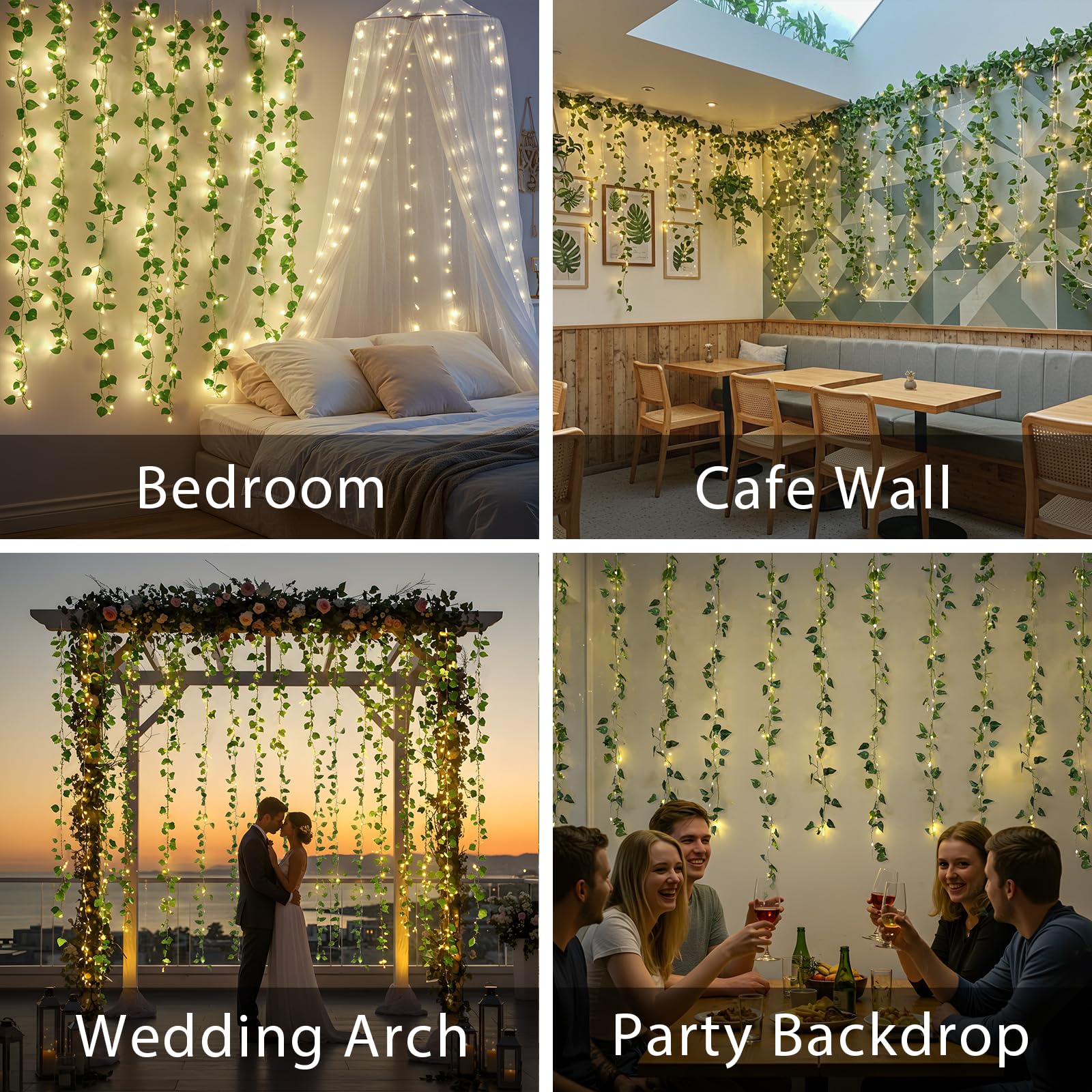 suddus 200 LED-Reben mit Lichtern, 2 x 2 m, Pothos-Vorhang-Lichterkette mit Fernbedienung, hängende Lichterkette mit Ranken für Schlafzimmer, Wand, Schlafsaal, Hochzeit, Party, Innendekoration