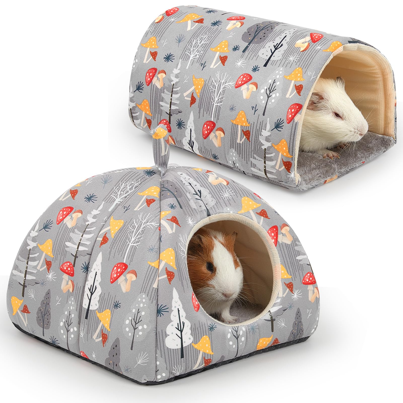 Glittme Guinea Pig Hideout & Tunnel Set, 2 Pack Washable Guinea Pig Bed with House, for Hamster, Rabbit, Bunny, Small Animal