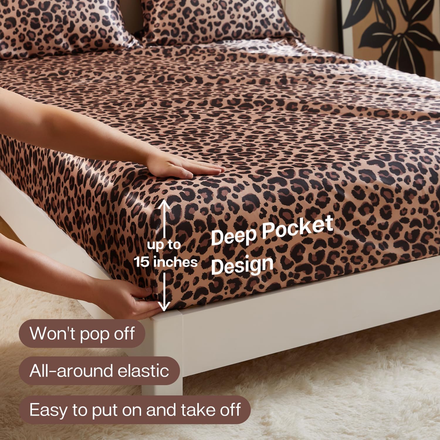 MR&HM Satin Fitted Sheet Queen Size, Silky Bottom Sheet with Elastic Corner Straps, Deep Pocket up to 15 Inch, No More Slipping Off for Mattress - 1 Fitted Sheet Only (Brown Leopard)