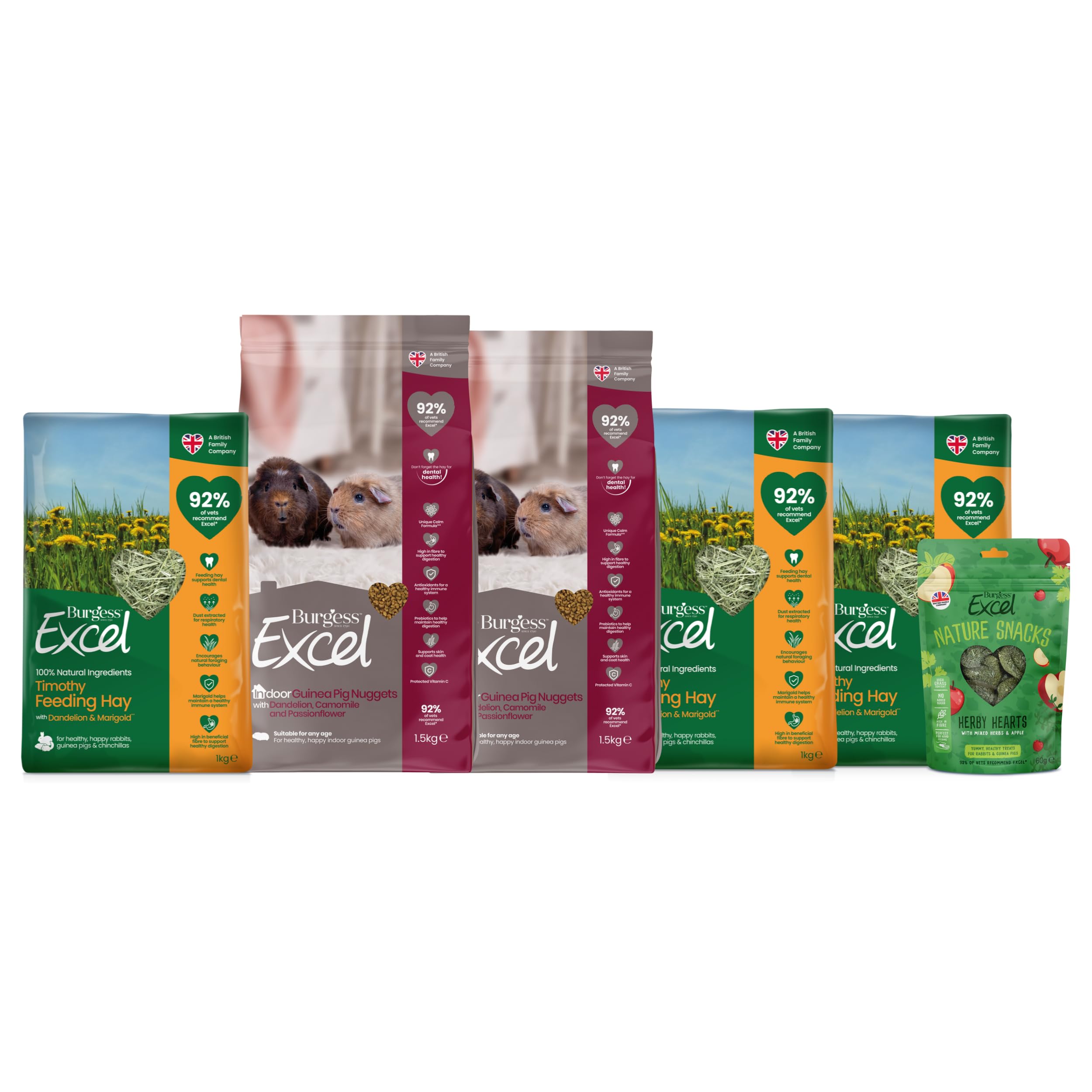 Burgess Excel 3KG Indoor Guinea Pig Food, 3KG Feeding Hay & Treat Value Bundle – Guinea Pig Nuggets & Dandelion & Marigold Feeding Hay for Indoor Guinea Pigs