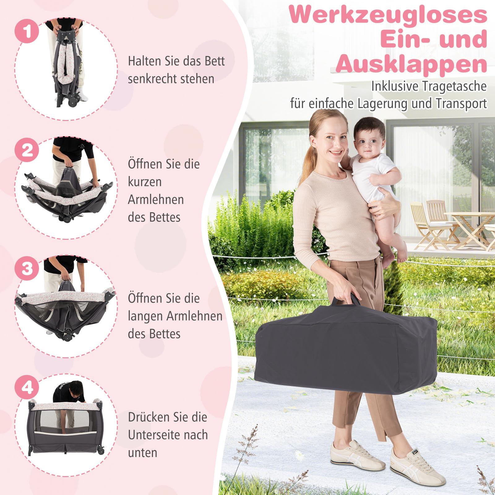 COSTWAY Łóżeczko podróżne 5 w 1 z materacem, łóżeczko dostawne składane z regulowanym baldachimem, łóżeczko dziecięce z przewijakiem, pozytywką i torbą transportową, łóżeczko podróżne dla dzieci