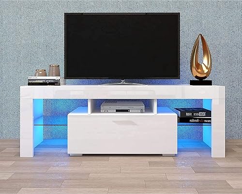 Miniatura 6 de Soporte de TV para TV de 55 pulgadas con almacenamiento, soporte de TV blanco con luces LED, centro de entretenimiento para TV de 55 pulgadas,