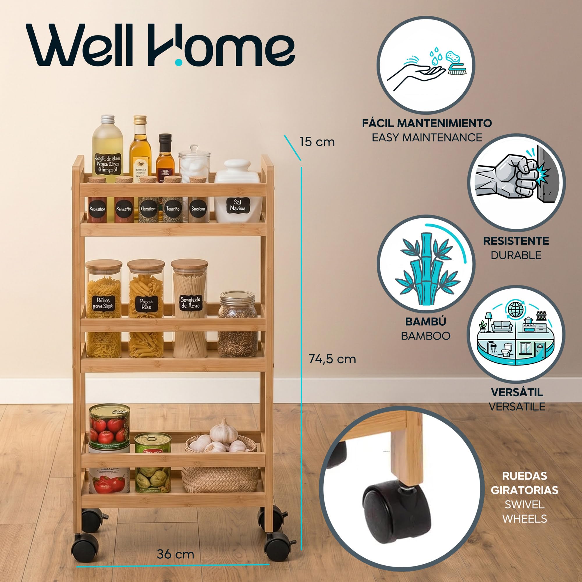 Well Home - Carrello ausiliario in bambù con ruote, 36 x 15 x 74,5 cm, 3 livelli, ideale per cucina, bagno e ufficio, salvaspazio