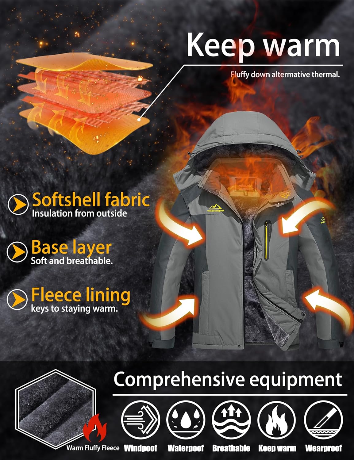 TACVASEN Men's Winter Ski Jacket Waterproof Snow Coats Snowboard Fleece Lining Jacket Warm Parka with Hooded - Image 3