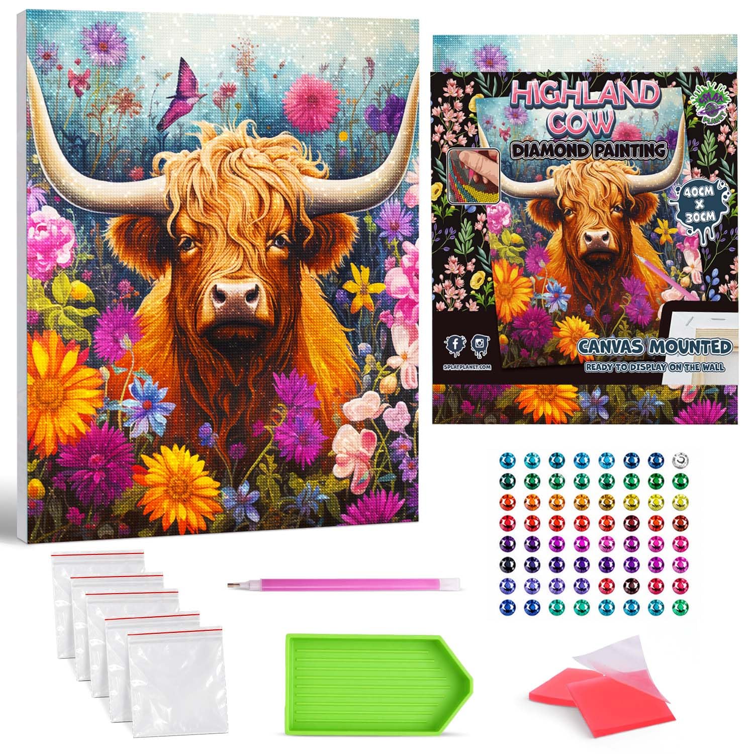 Splat Planet Highland Cow Framed Diamond Painting Kit, Rhinestone, Framed Diamond Art, 5D Diamond Painting Kit, Home Wall Decoration,Arts and Crafts for Adults,Kids,30x40cms